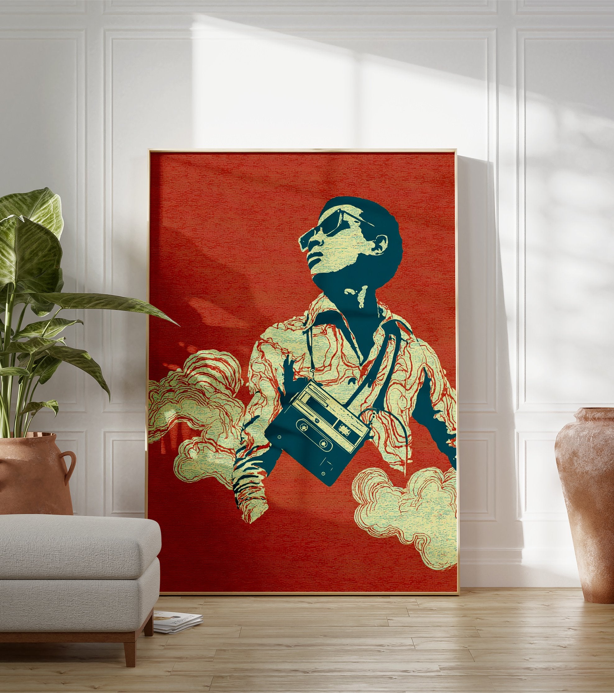 Retro Music Poster of a cool man in sunglasses holding a cassette player, surrounded by clouds on a red background. - Image 3