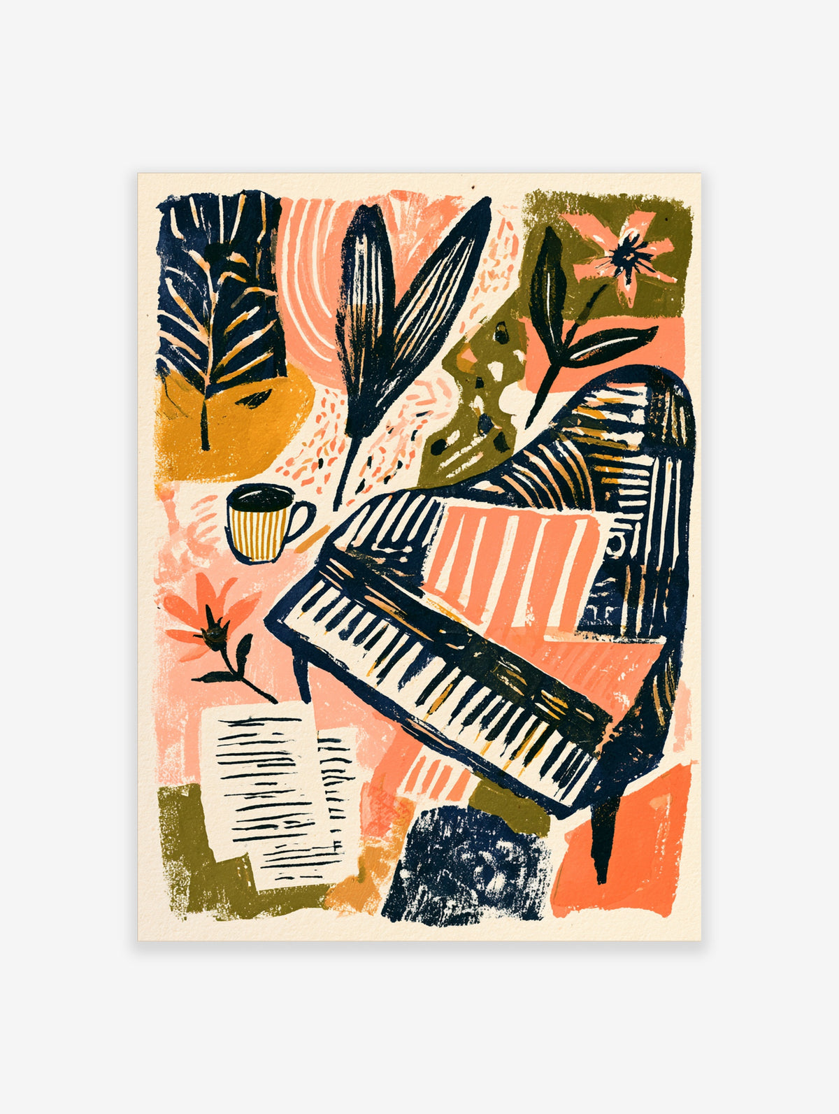 Retro music poster with grand piano, striped coffee cup, and botanical leaves in coral, yellow, green, and navy