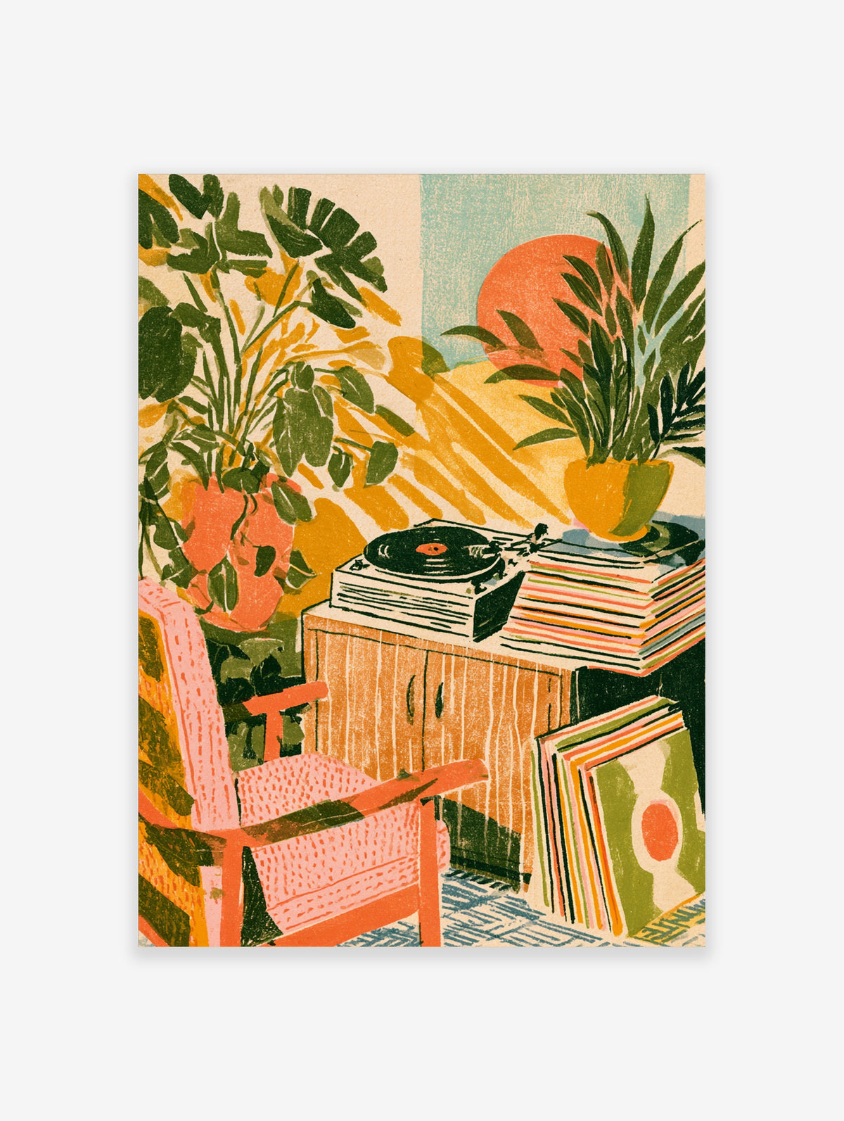 Retro music room poster with turntable, vinyl records, and potted plants in orange and green