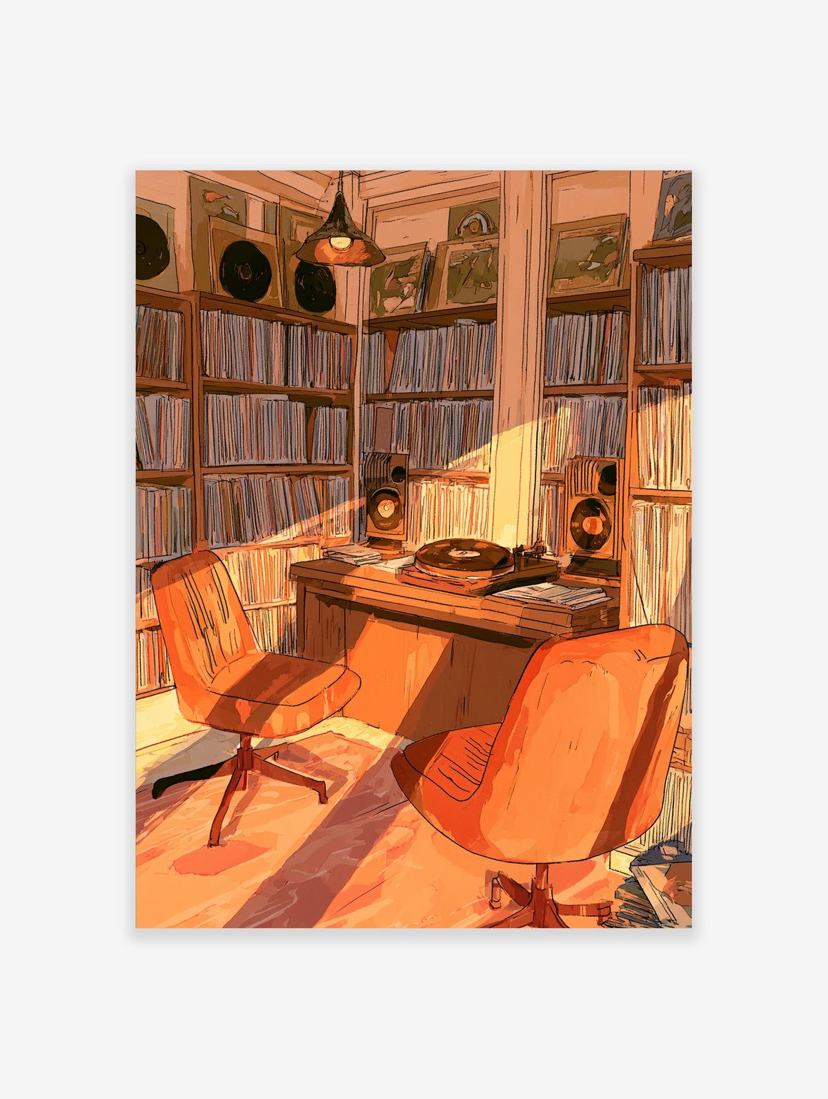 Retro music room illustration with turntable, vinyl records, orange chairs, and warm light
