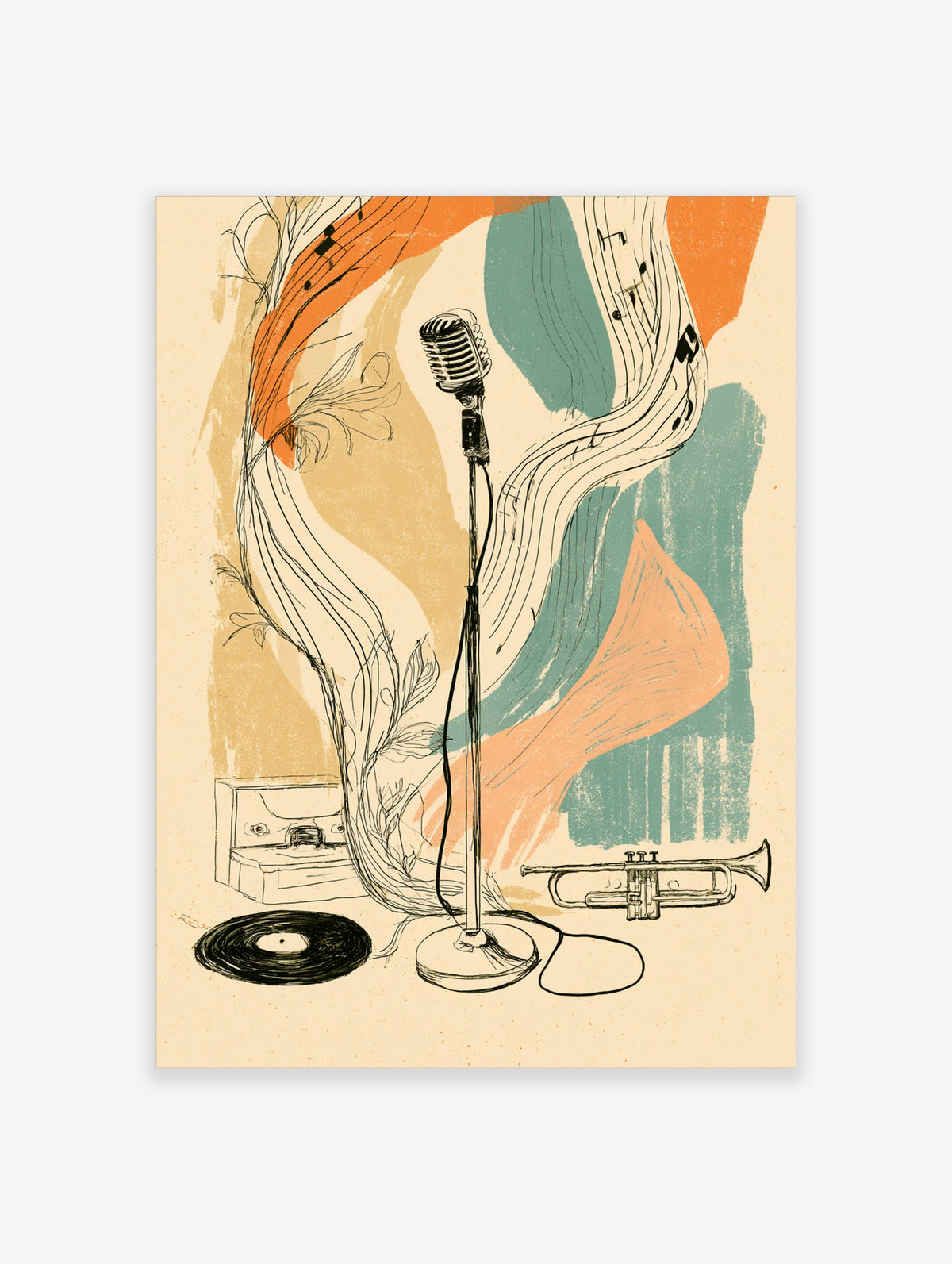 Retro music poster with vintage microphone, trumpet, vinyl record and sheet music lines