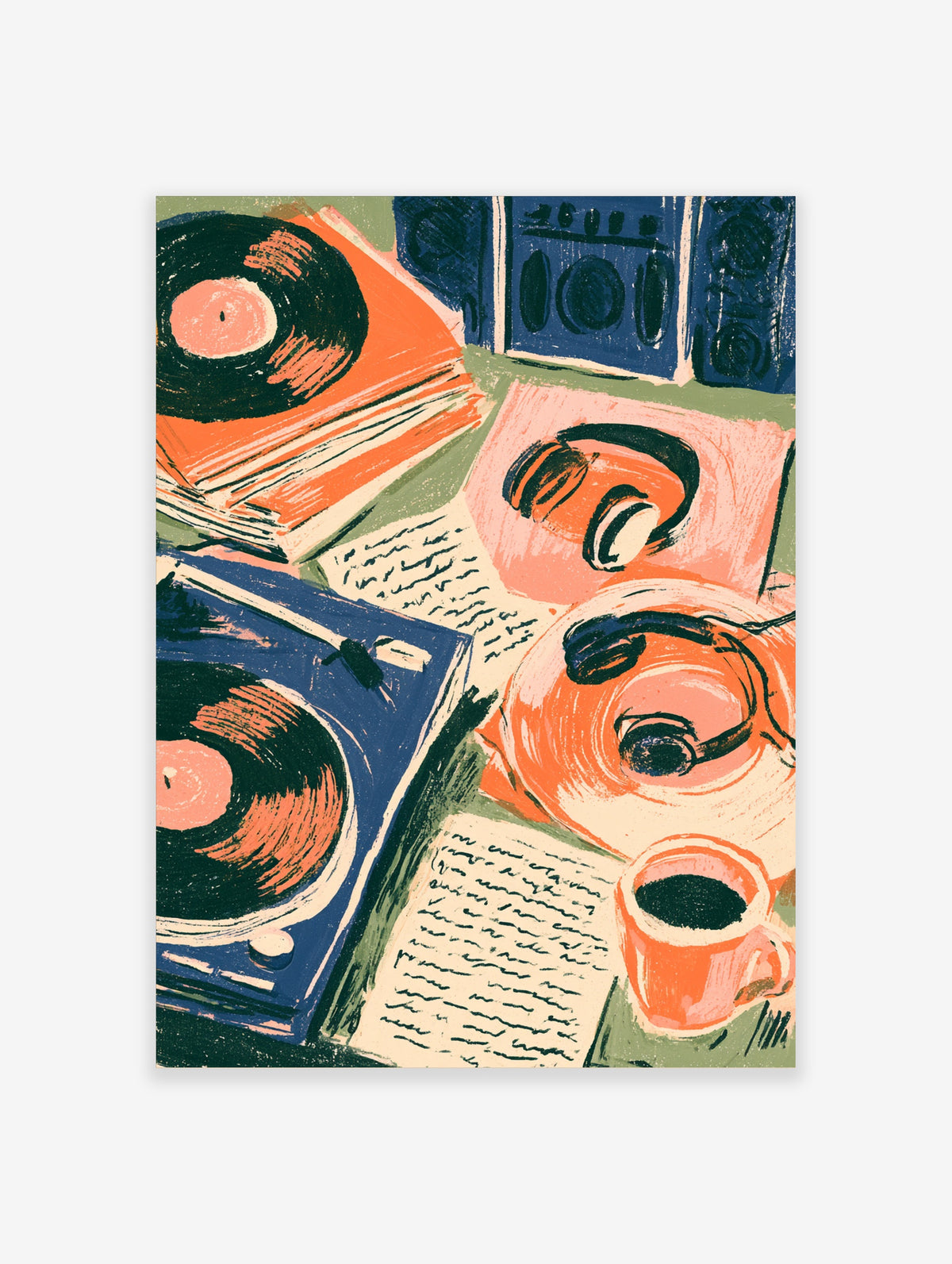 Retro music poster with vinyl record player, orange headphones, notes, and coffee mug in orange and blue