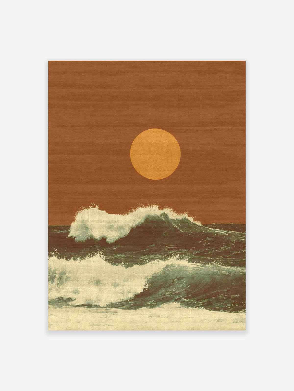 Retro ocean waves crashing with white foam under a large golden sun on an earthy orange background