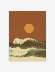 Retro ocean waves crashing with white foam under a large golden sun on an earthy orange background