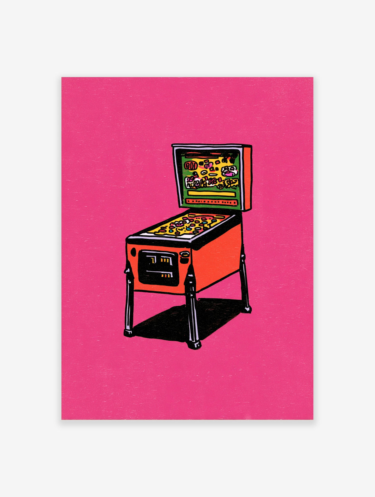 Retro pinball machine illustration on pink background, orange cabinet and green backglass, arcade game art print