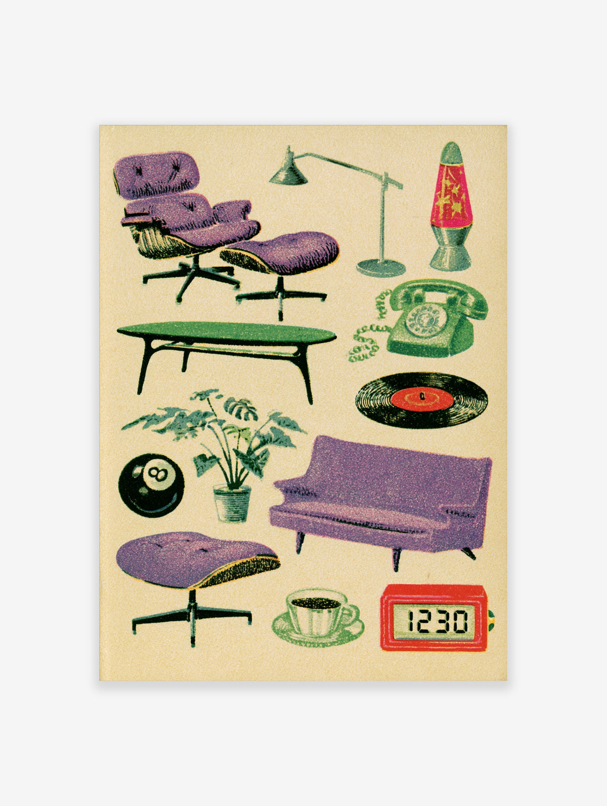 Retro purple lounge chair and footstool with green coffee table, rotary phone, lava lamp, and vinyl record on beige
