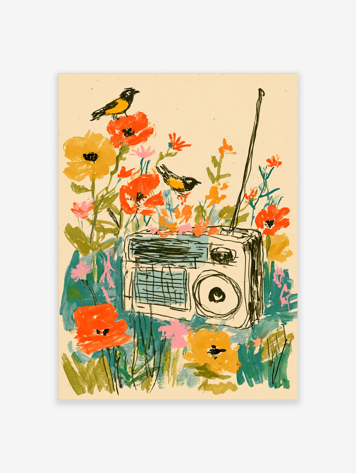 Colourful floral poster with vintage radio, two birds, and orange poppies