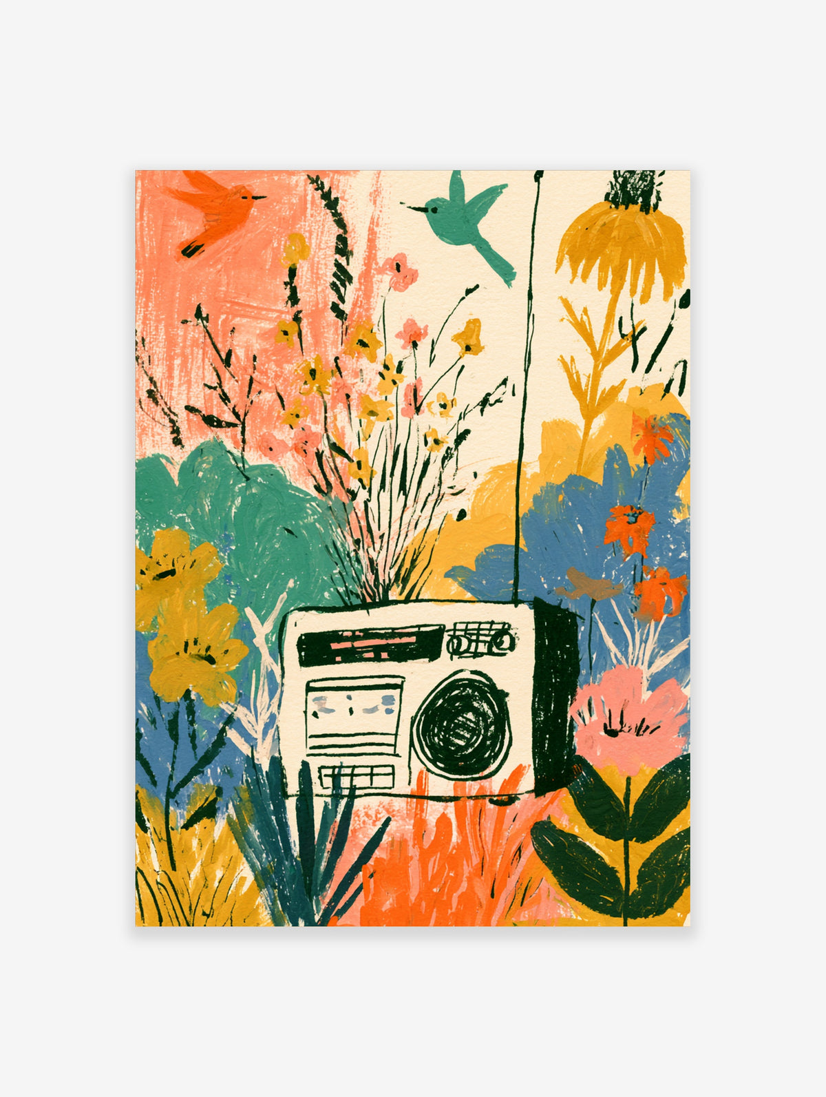 Colourful retro radio poster with wildflowers, orange bird and green hummingbird on cream background