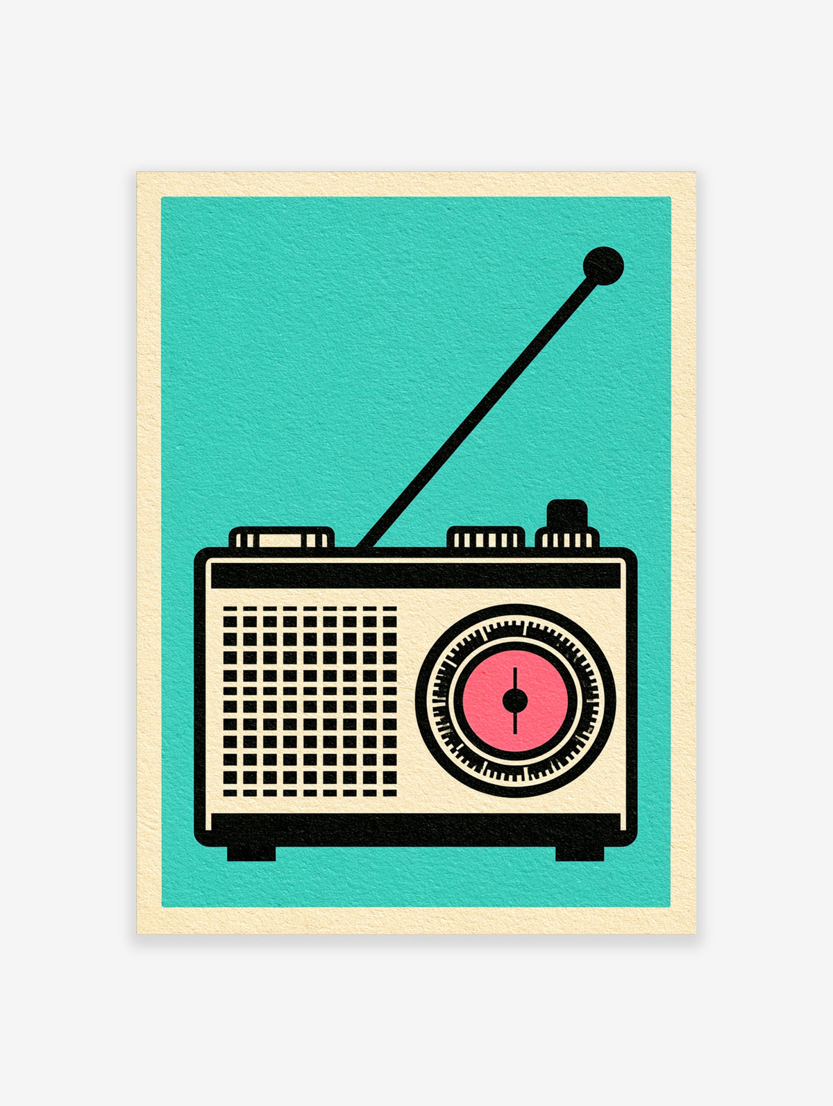 Retro radio poster with black and cream mid-century radio, pink dial, and teal background