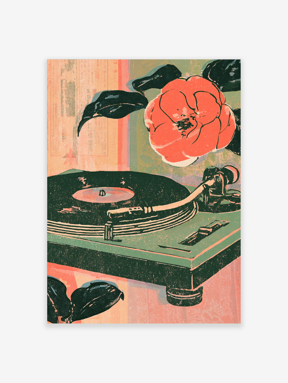 Retro record player and coral camellia flower illustration art print in green and orange