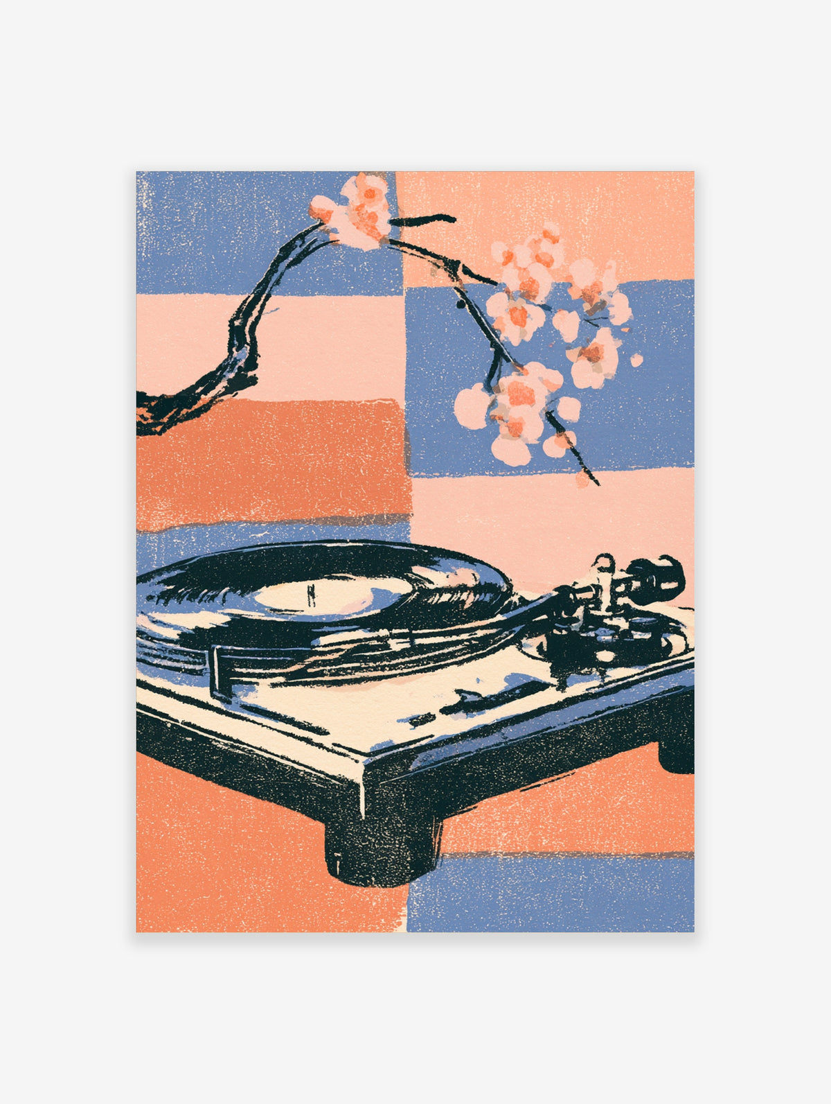 Retro record player and cherry blossom branch art print with blue and peach colour blocks