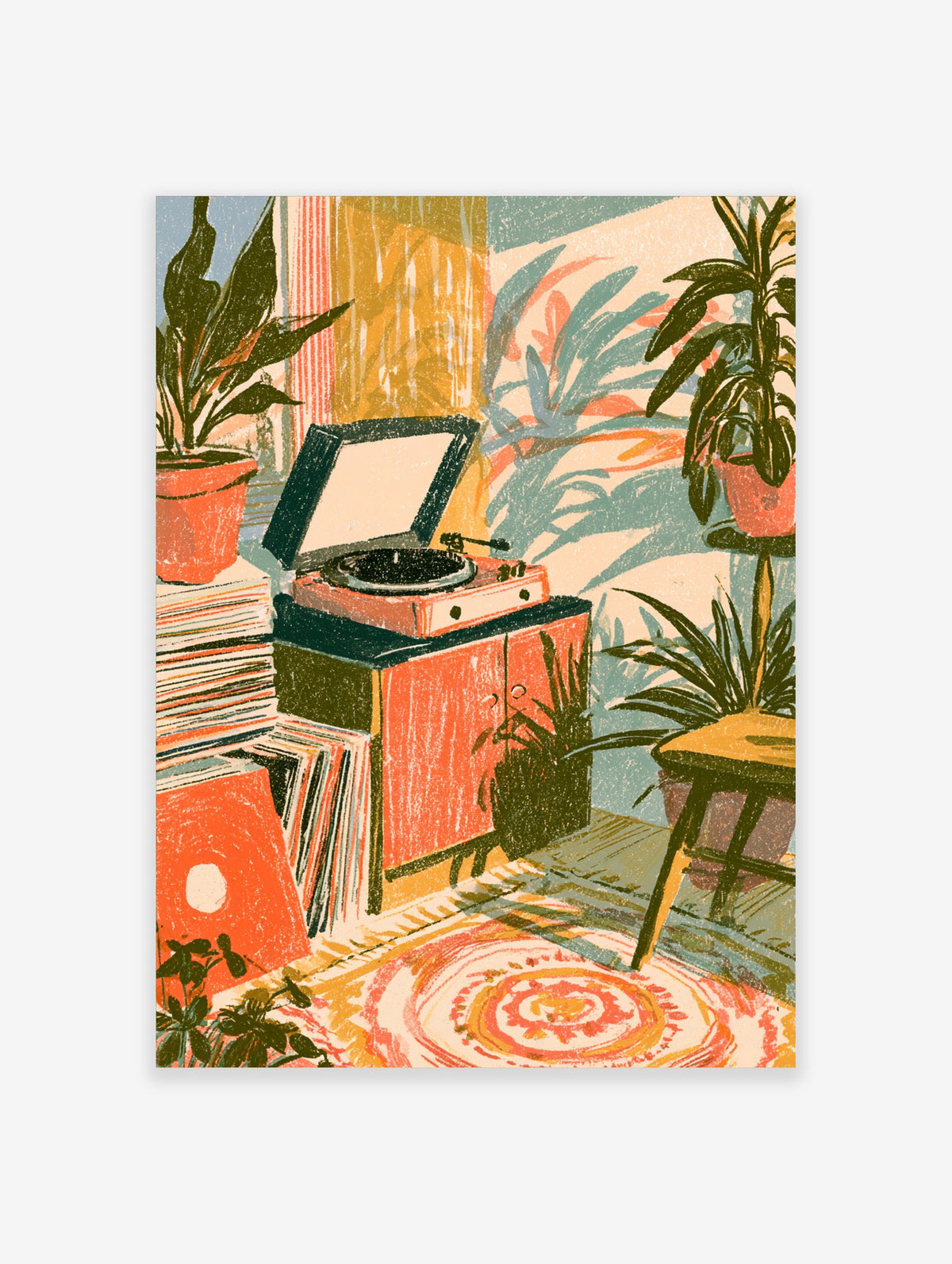 Retro record player poster with vinyl stack, potted plants, and patterned rug in coral and teal