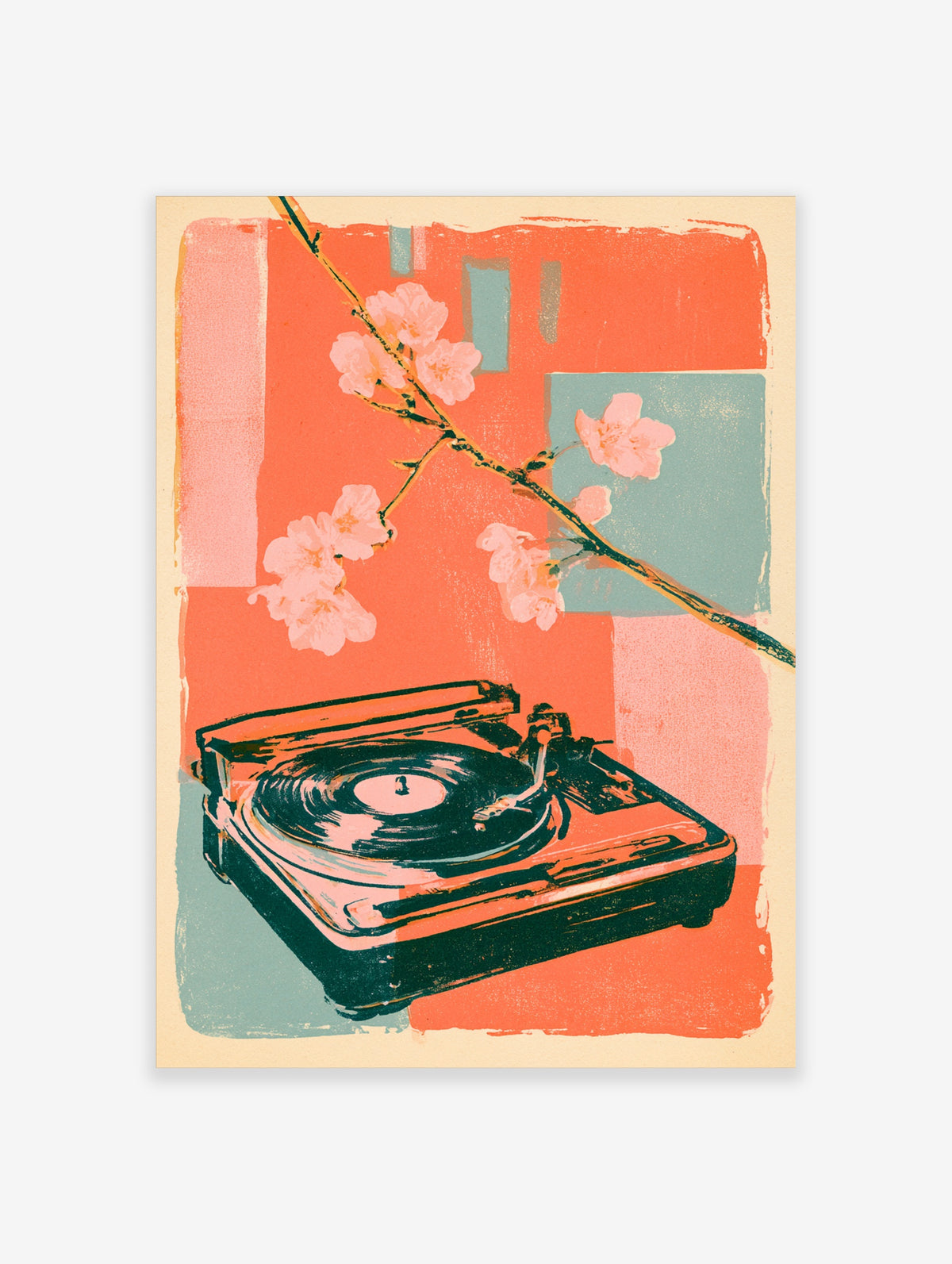 Retro record player poster with pink cherry blossom branch and coral teal colour blocks