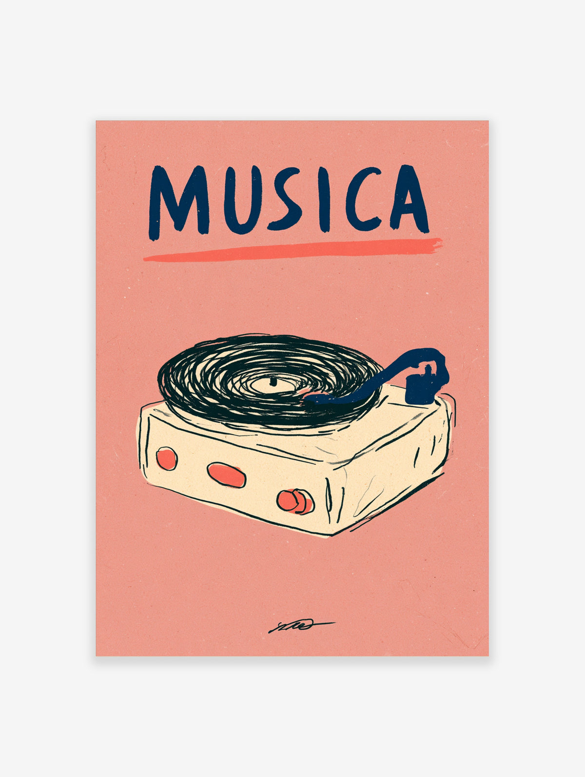 Pink poster with retro record player illustration, black vinyl record, navy tonearm, and 'MUSICA' text in navy blue