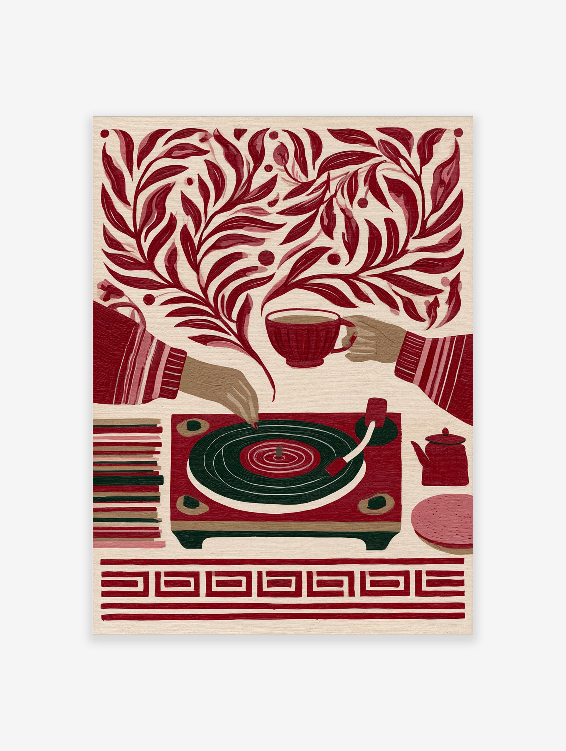 Retro illustrative print of a record player, teacup, and teapot surrounded by botanical leaves in red and cream colours