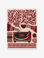 Retro illustrative print of a record player, teacup, and teapot surrounded by botanical leaves in red and cream colours