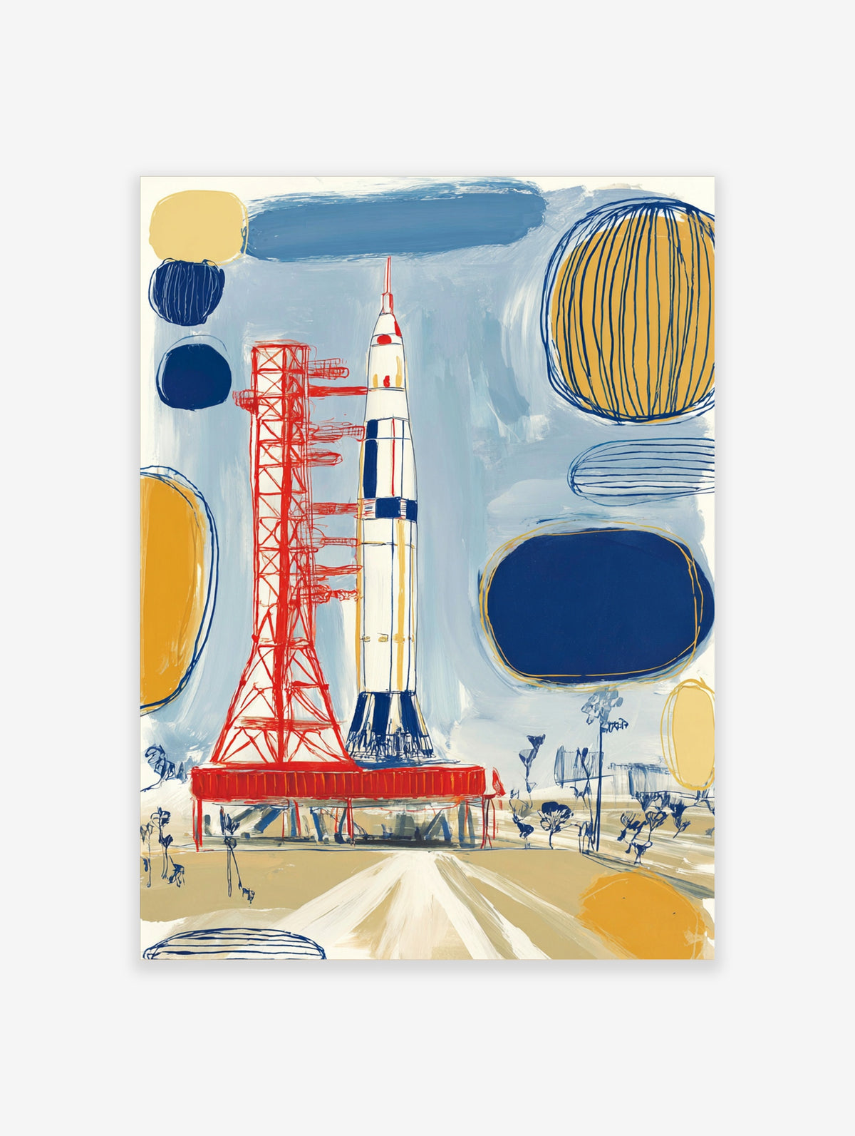 Retro rocket launch poster with white rocket, red gantry tower, and abstract blue and yellow shapes