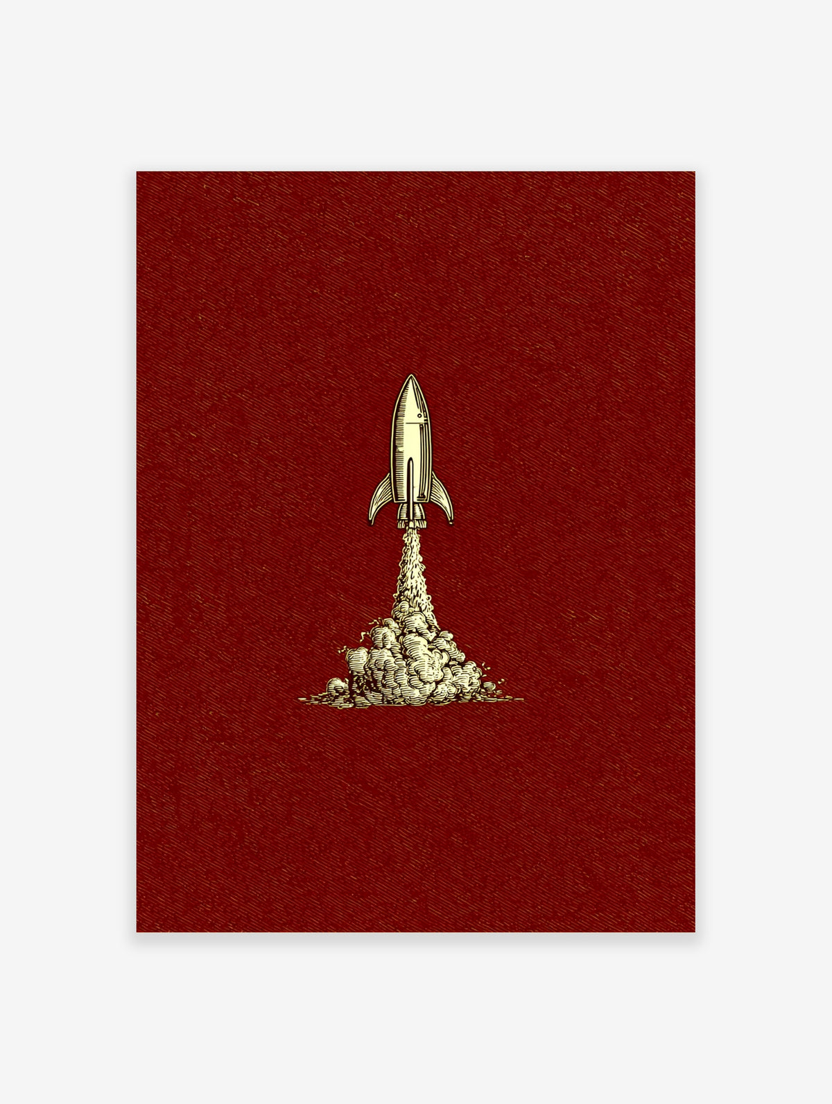 Retro rocket ship poster with cream rocket and exhaust plume on deep red background