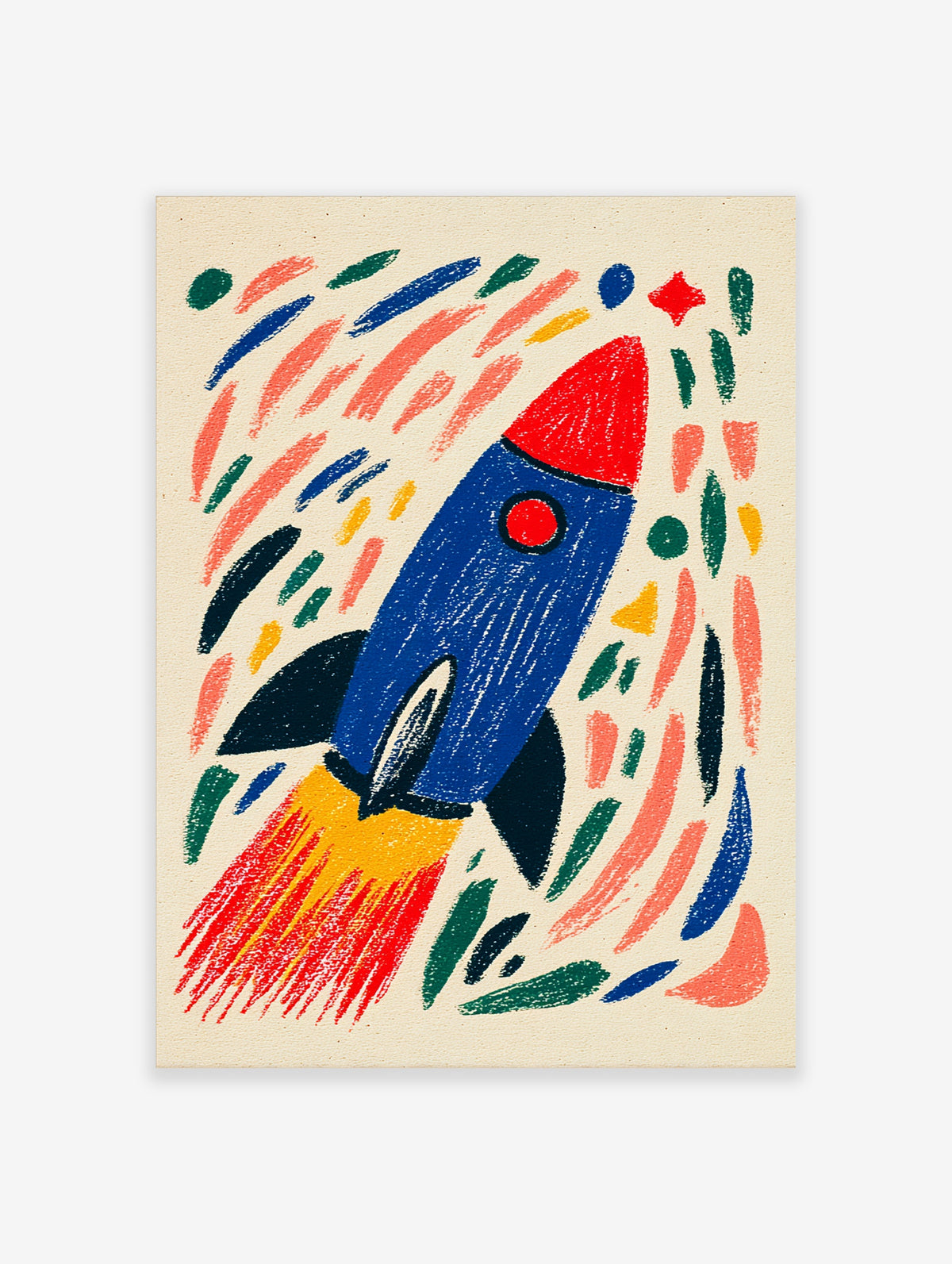 Retro rocket ship art print with blue body, red nose cone, and yellow flames on cream background