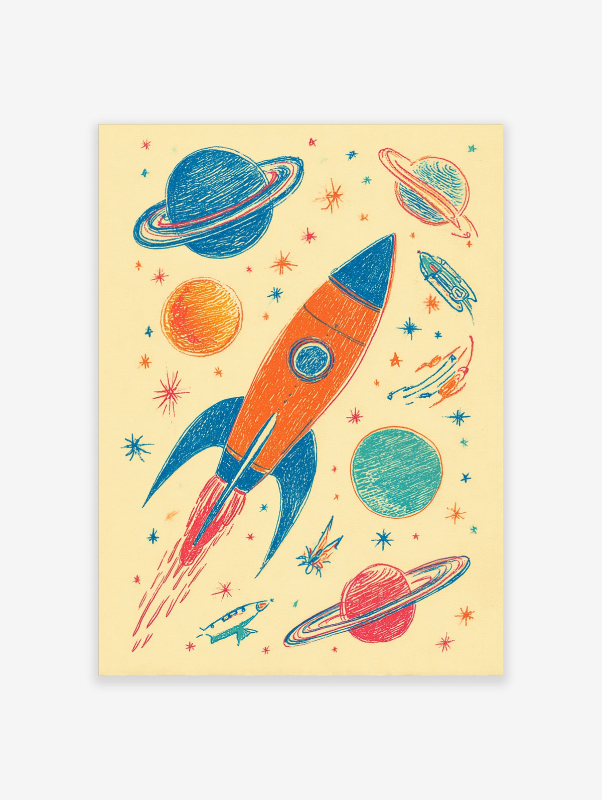 Retro rocket ship and planets illustration art print on cream background
