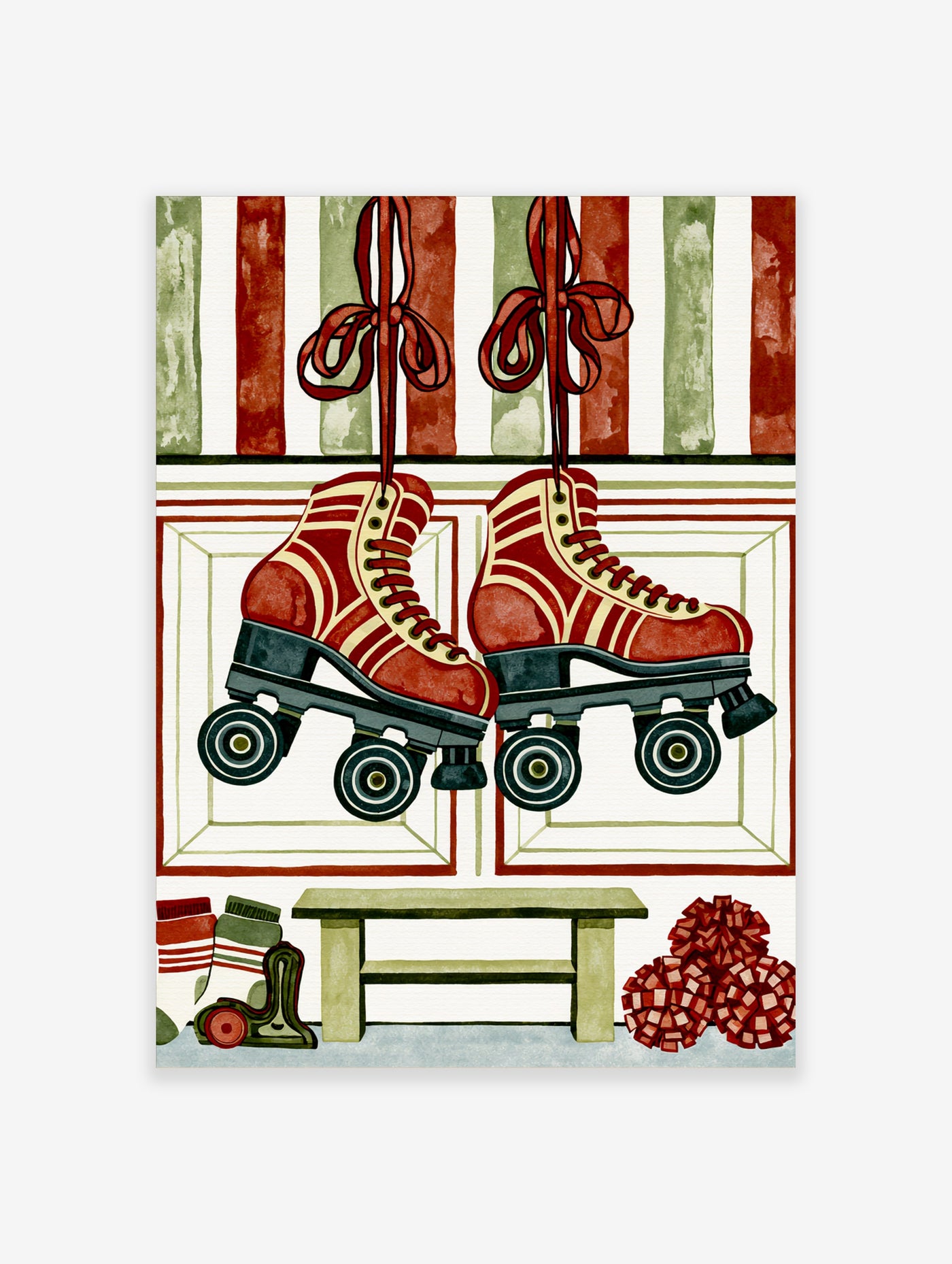 Retro red roller skates wall art with striped background, bench, and pom-poms