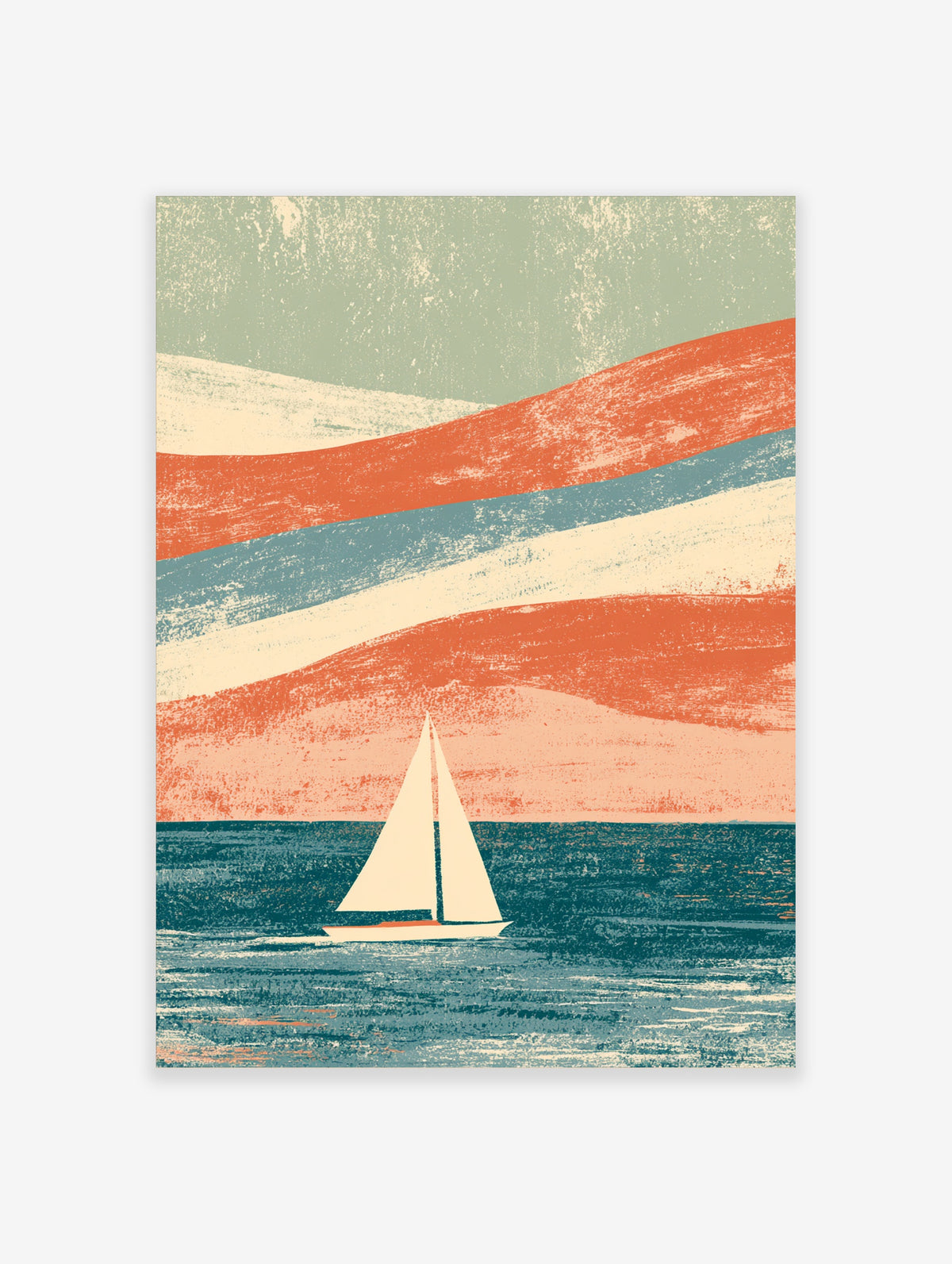 Retro sailboat poster with cream sails on teal water and coral, blue and cream sky bands