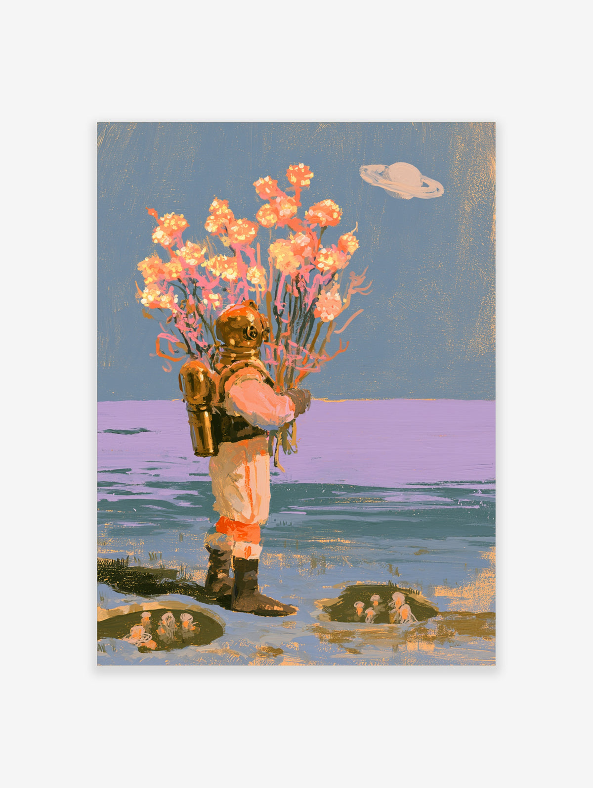 Retro sci-fi astronaut in orange spacesuit holding pink flowers on alien landscape with ringed planet