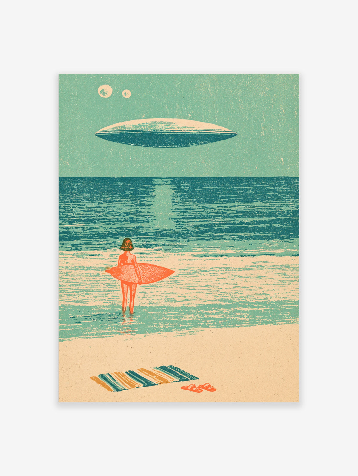 Retro sci-fi beach poster of a surfer with orange surfboard facing a UFO above the sea, with towel and flip-flops on sand