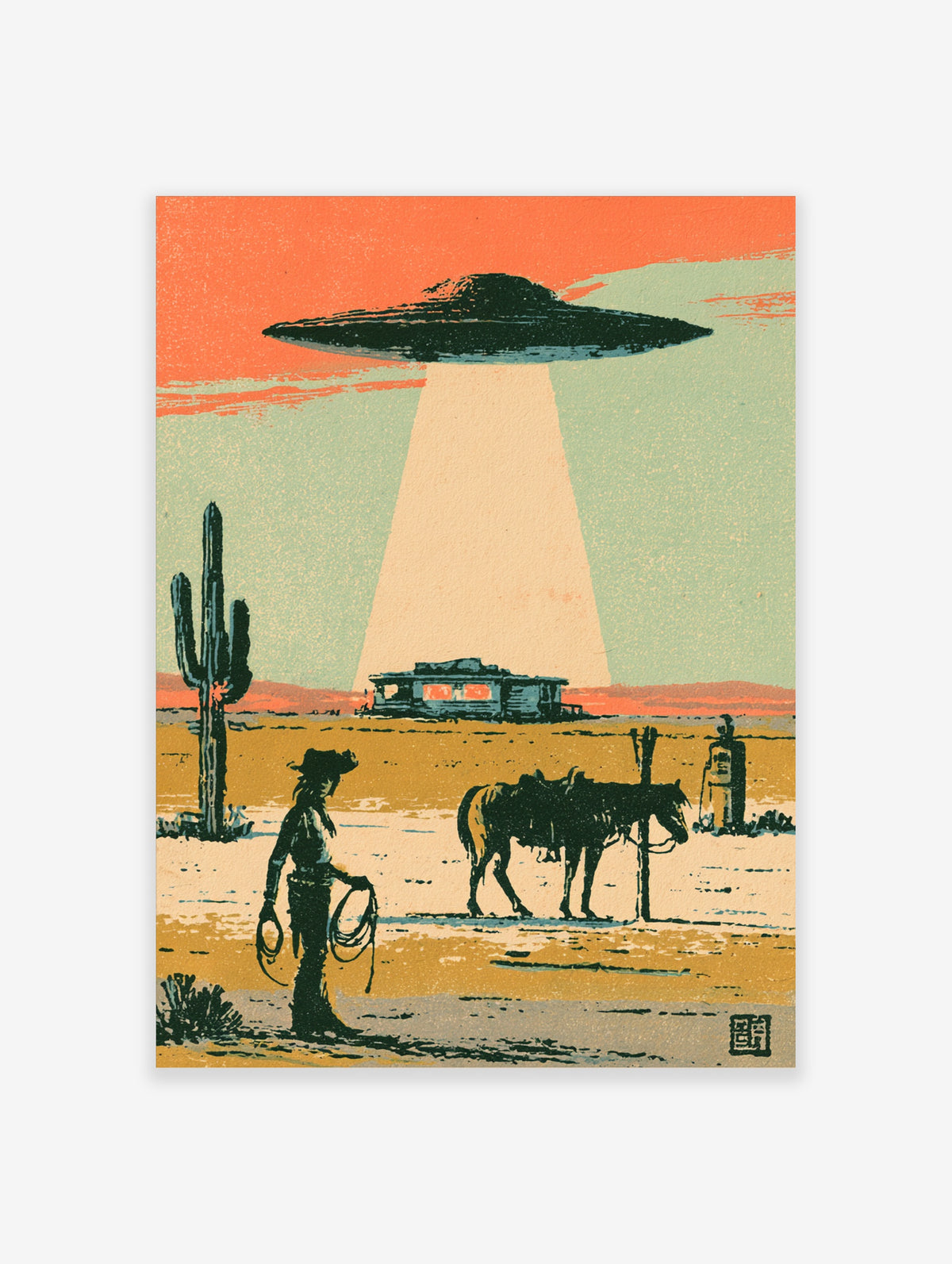 Retro sci-fi poster of a cowboy, horse and UFO beam over a desert cabin with saguaro cactus