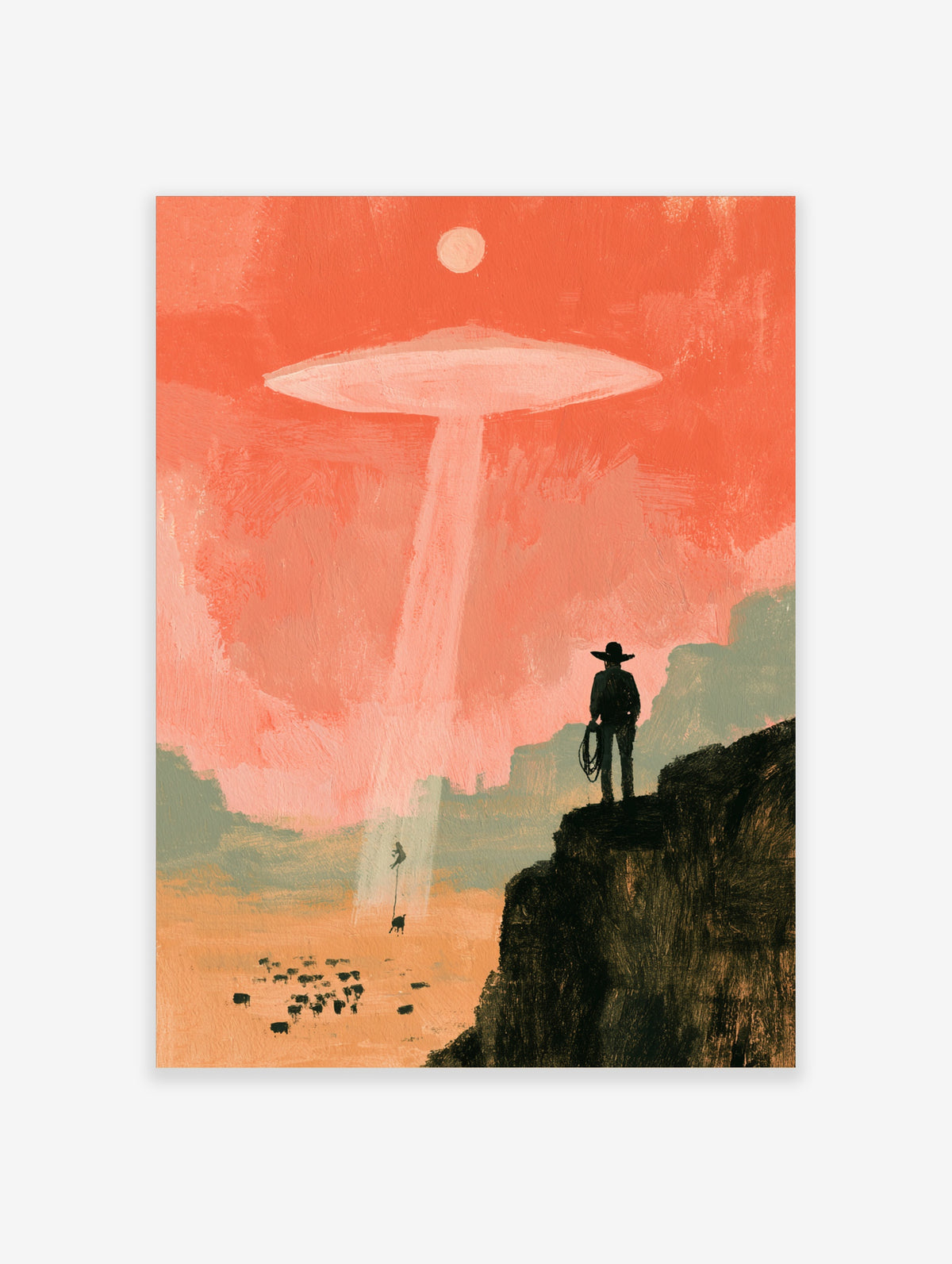 Retro sci-fi cowboy poster with UFO beam abducting a figure and cattle from a desert plain
