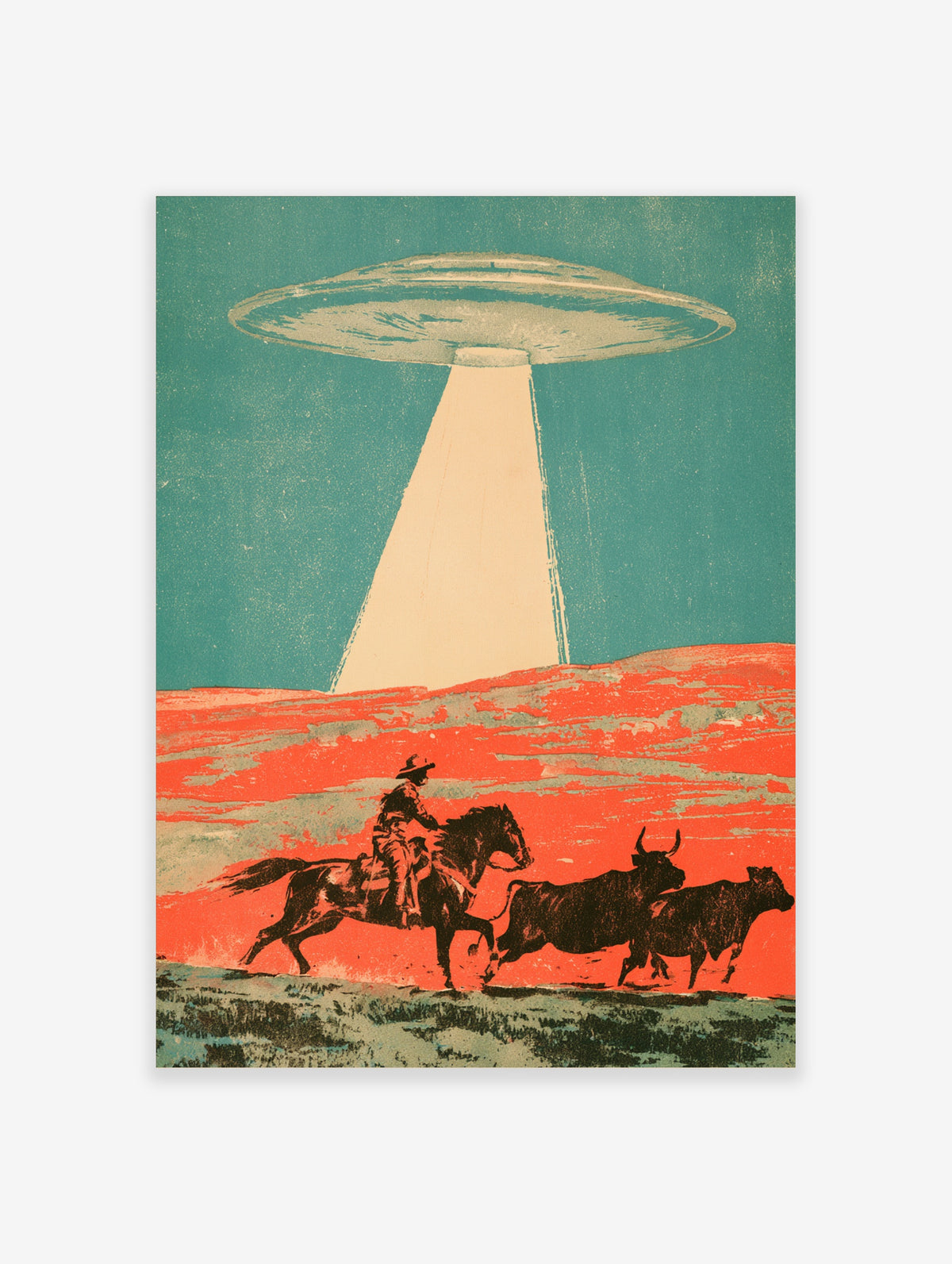 Retro sci-fi poster of a cowboy on horseback with cattle under a UFO beam on an orange plain
