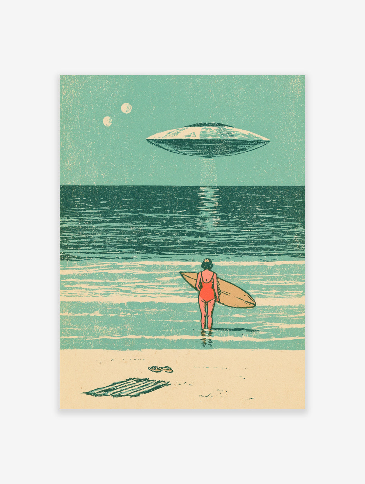 Retro sci-fi poster of a surfer in a red swimsuit holding a surfboard, facing a UFO over a teal ocean with two moons