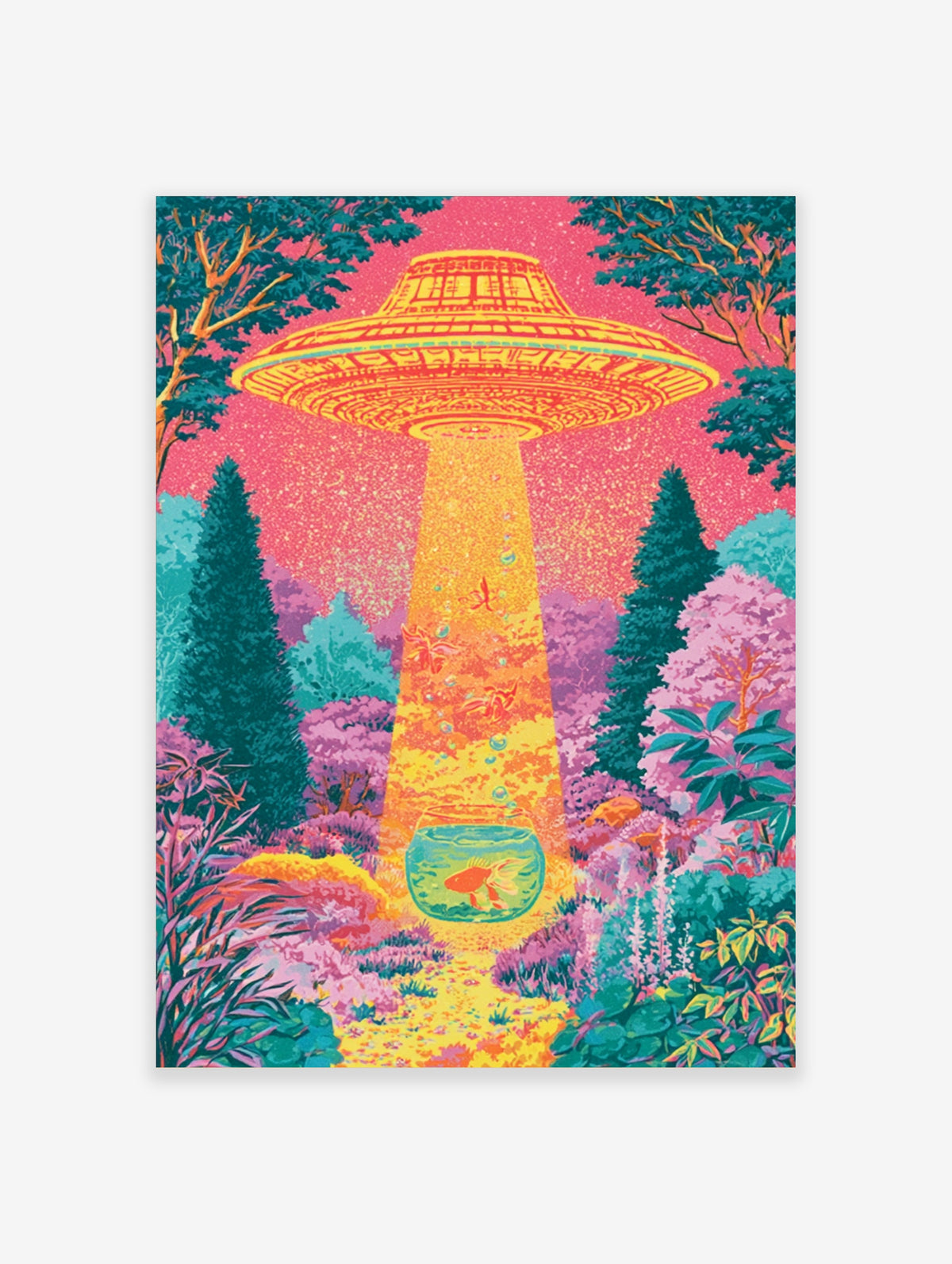 Retro sci-fi UFO poster with flying saucer beaming up goldfish bowl in pink forest