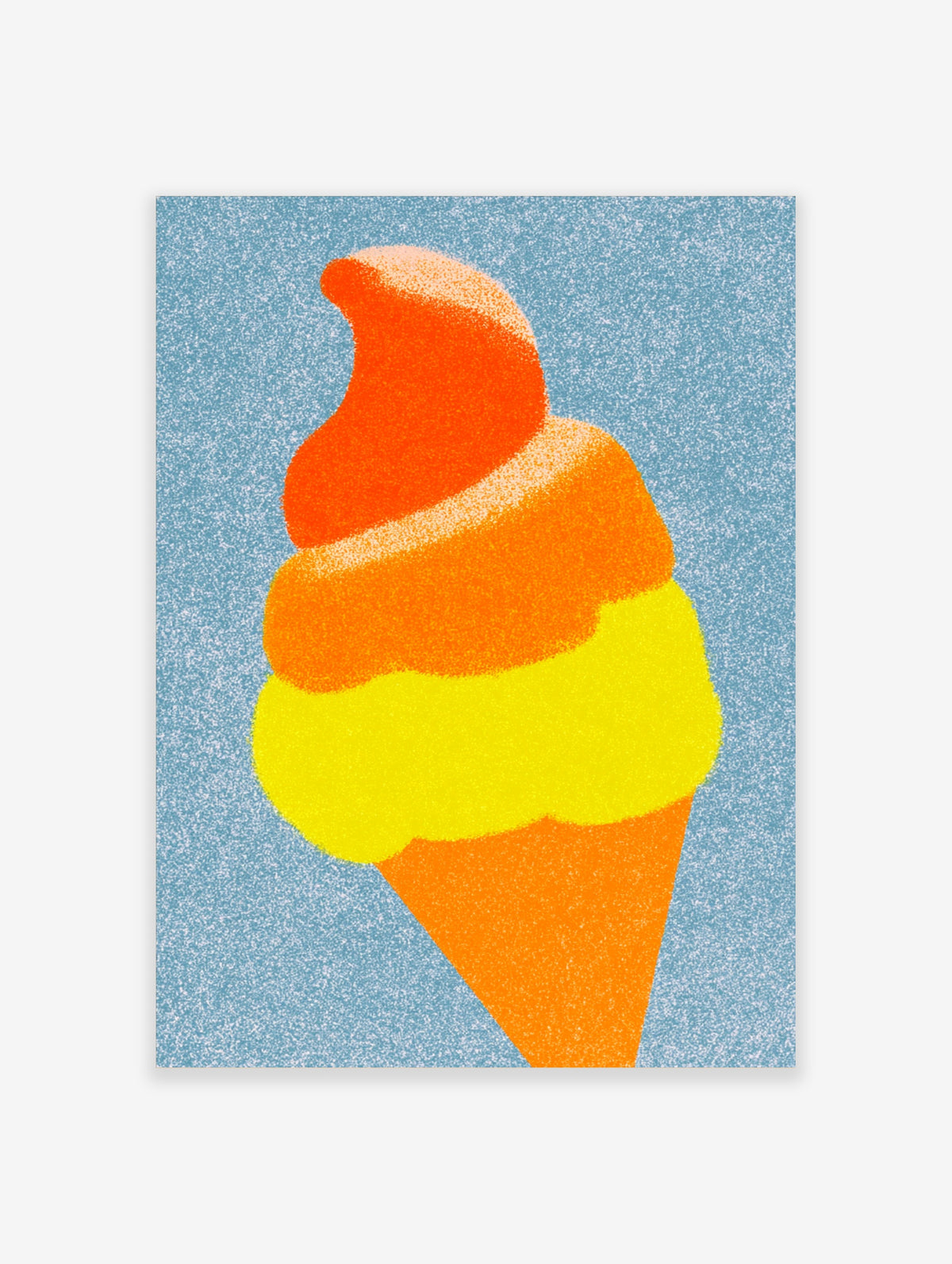 Retro soft serve ice cream poster with orange and yellow scoops on a textured blue background