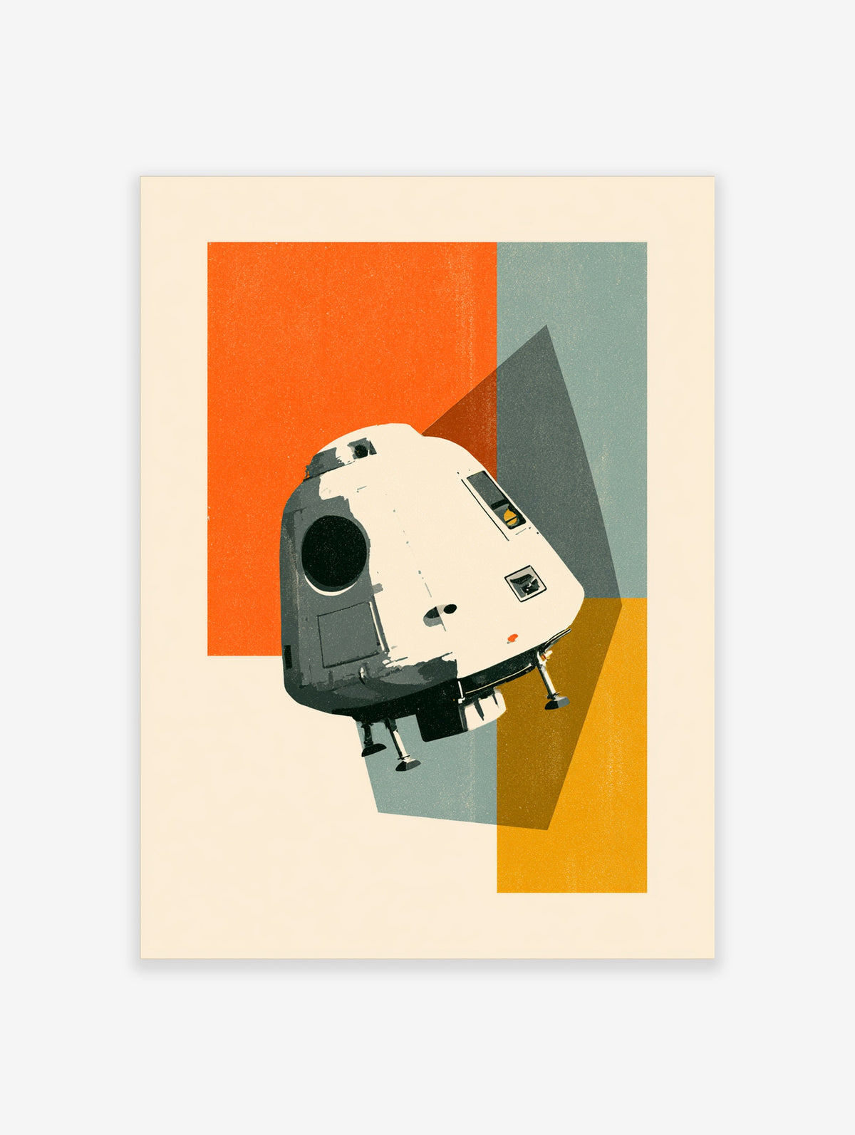 Retro space capsule poster with white command module, dark porthole and orange, teal and mustard geometric blocks