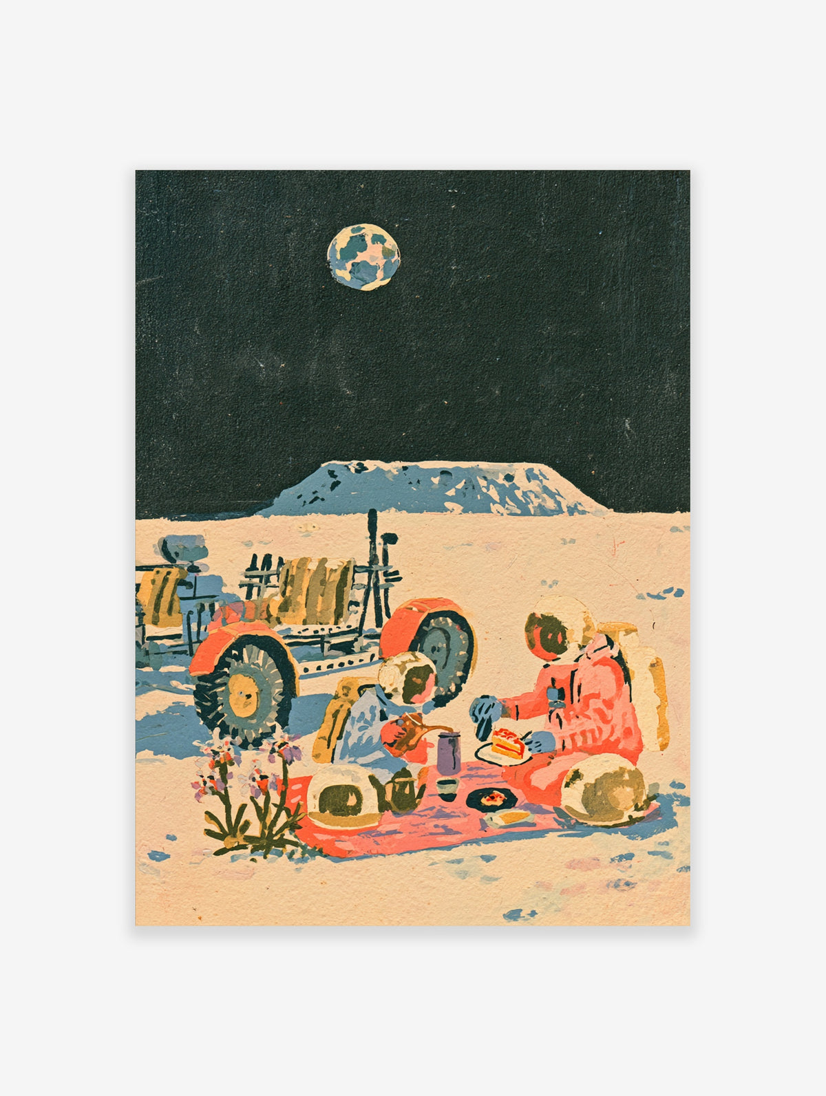 Retro space picnic poster showing two astronauts eating cake beside a lunar rover under a full moon