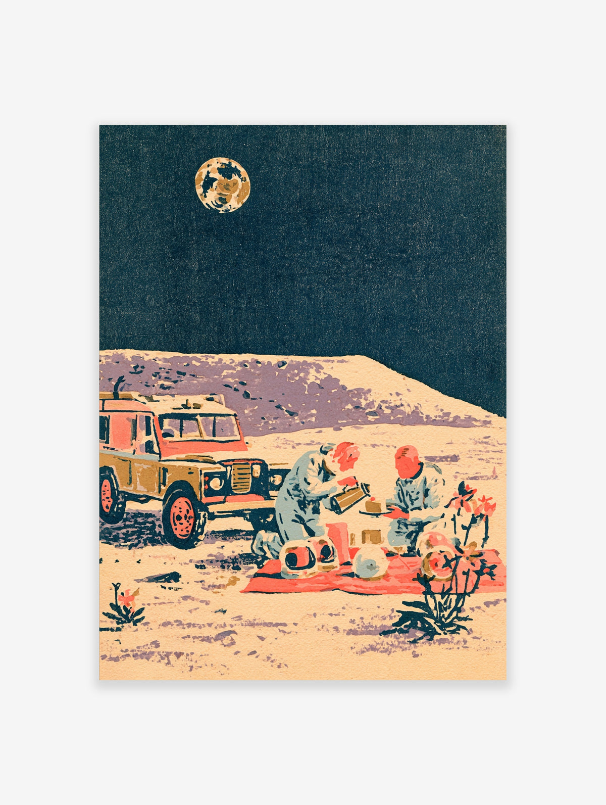 Retro space poster of two astronauts picnicking on the moon beside a vintage vehicle under a full moon