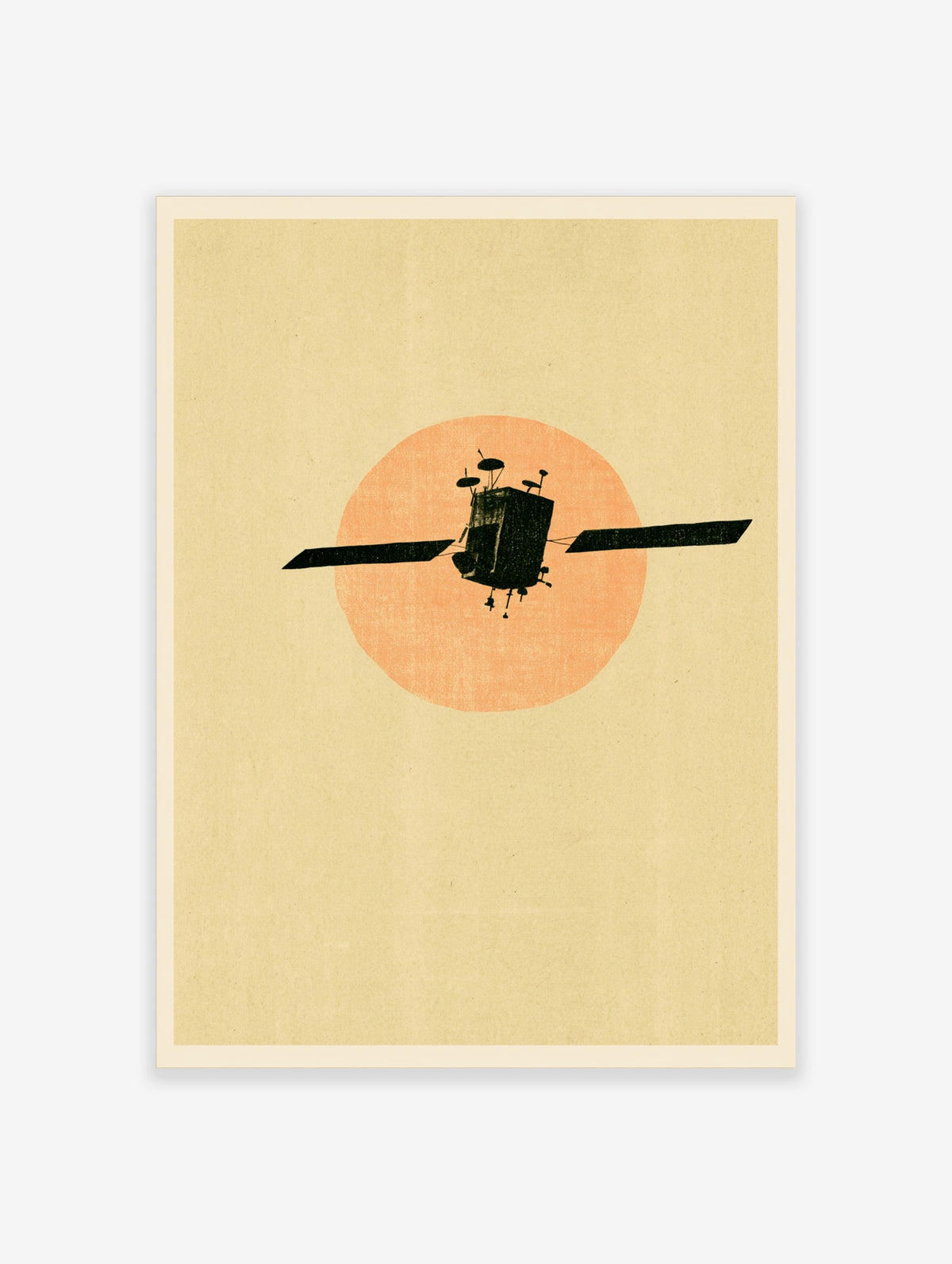 Retro space satellite poster with black spacecraft silhouette on orange sun and beige background