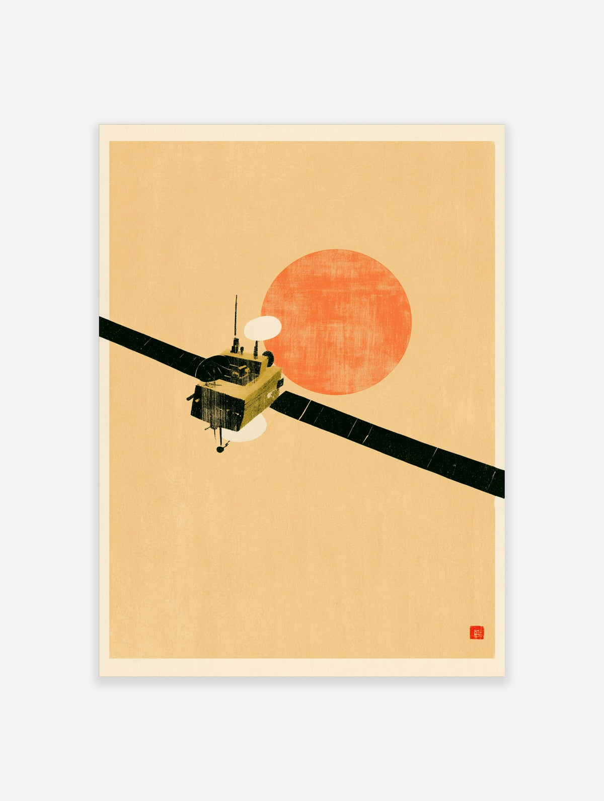 Retro space satellite poster with black solar panels and orange sun on tan background