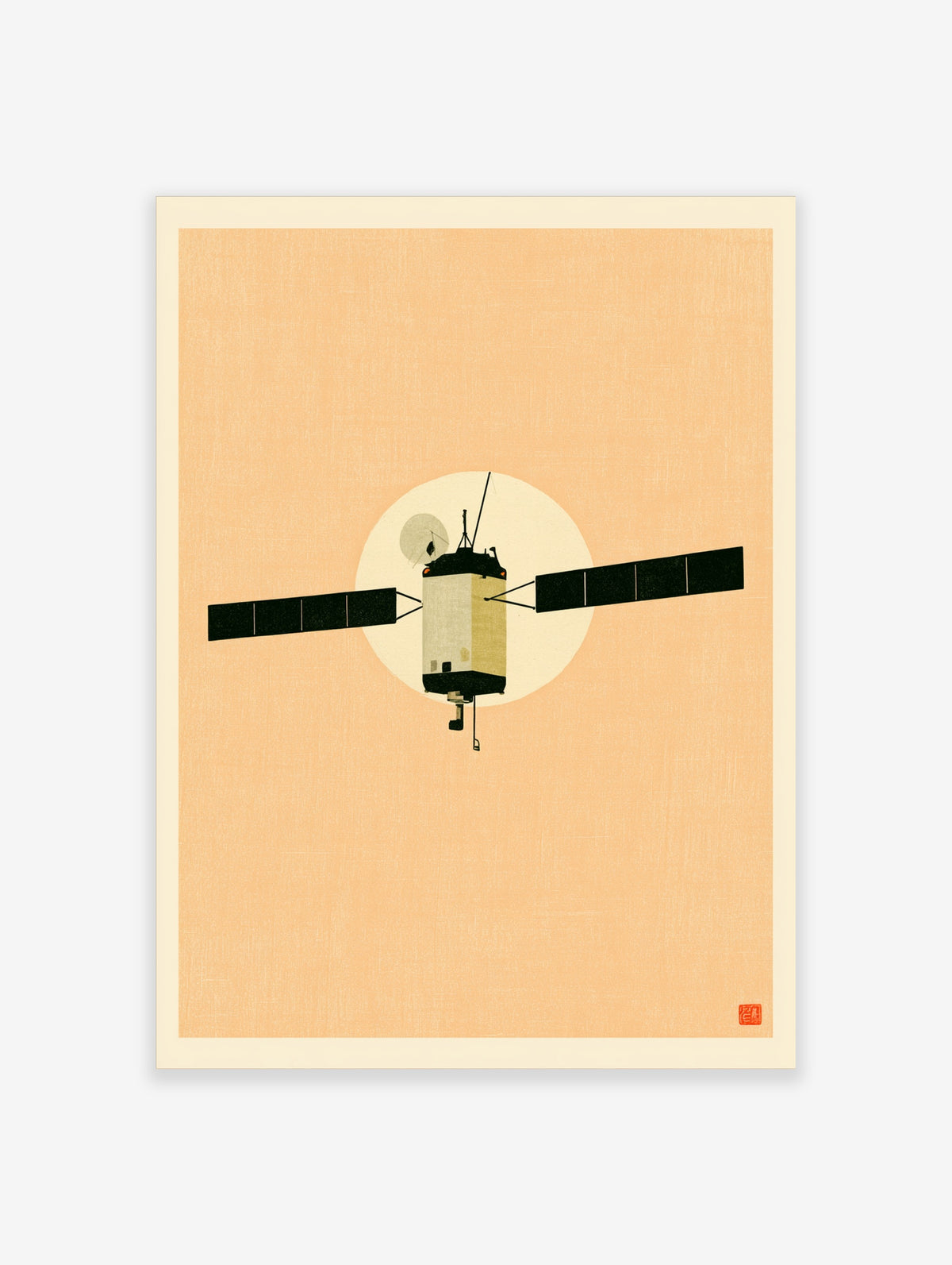 Retro space station poster with satellite, black solar panels, dish antenna, and cream circle on orange background