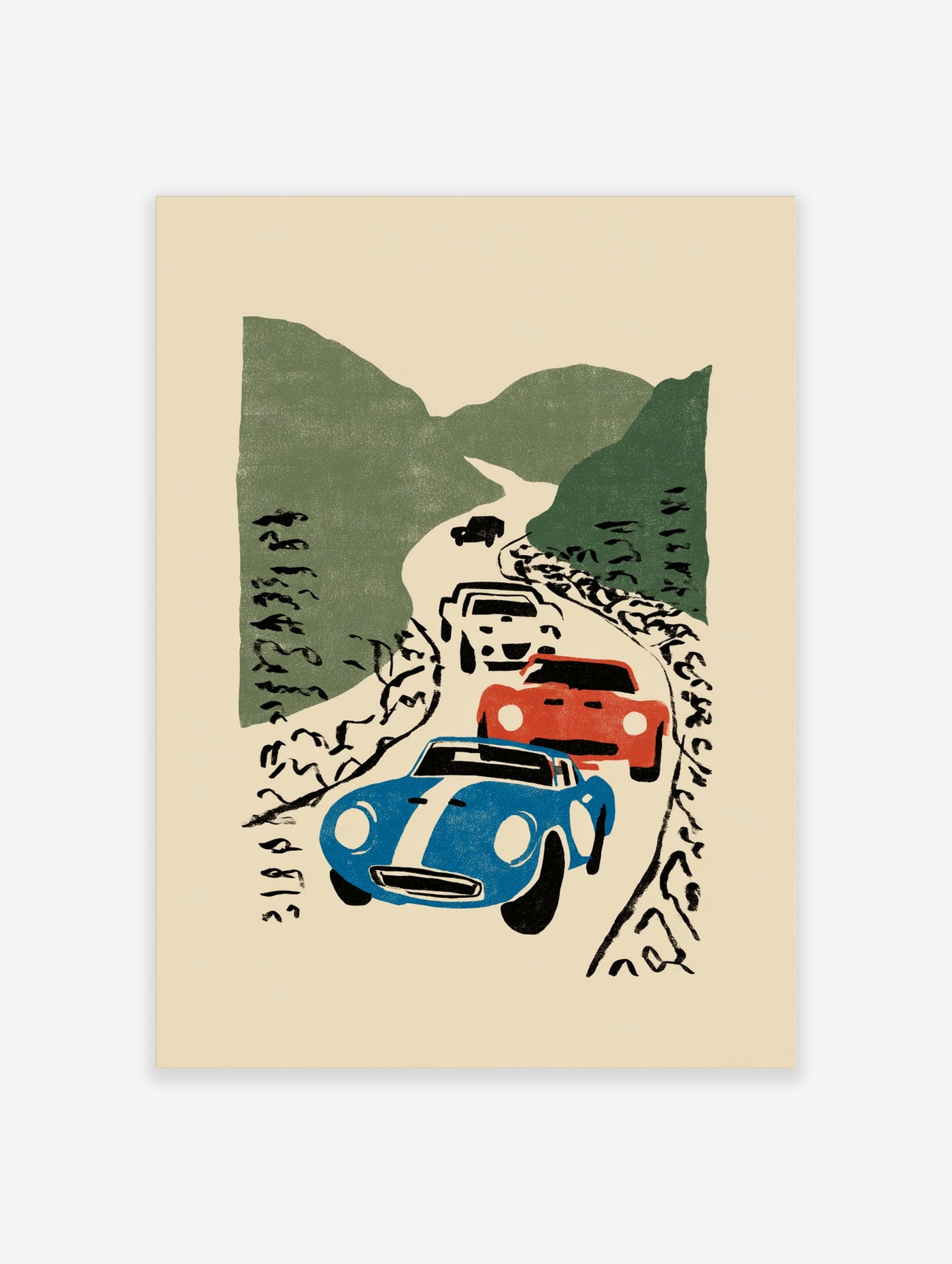 Retro illustration of blue and red sports cars racing on a winding mountain road with green hills