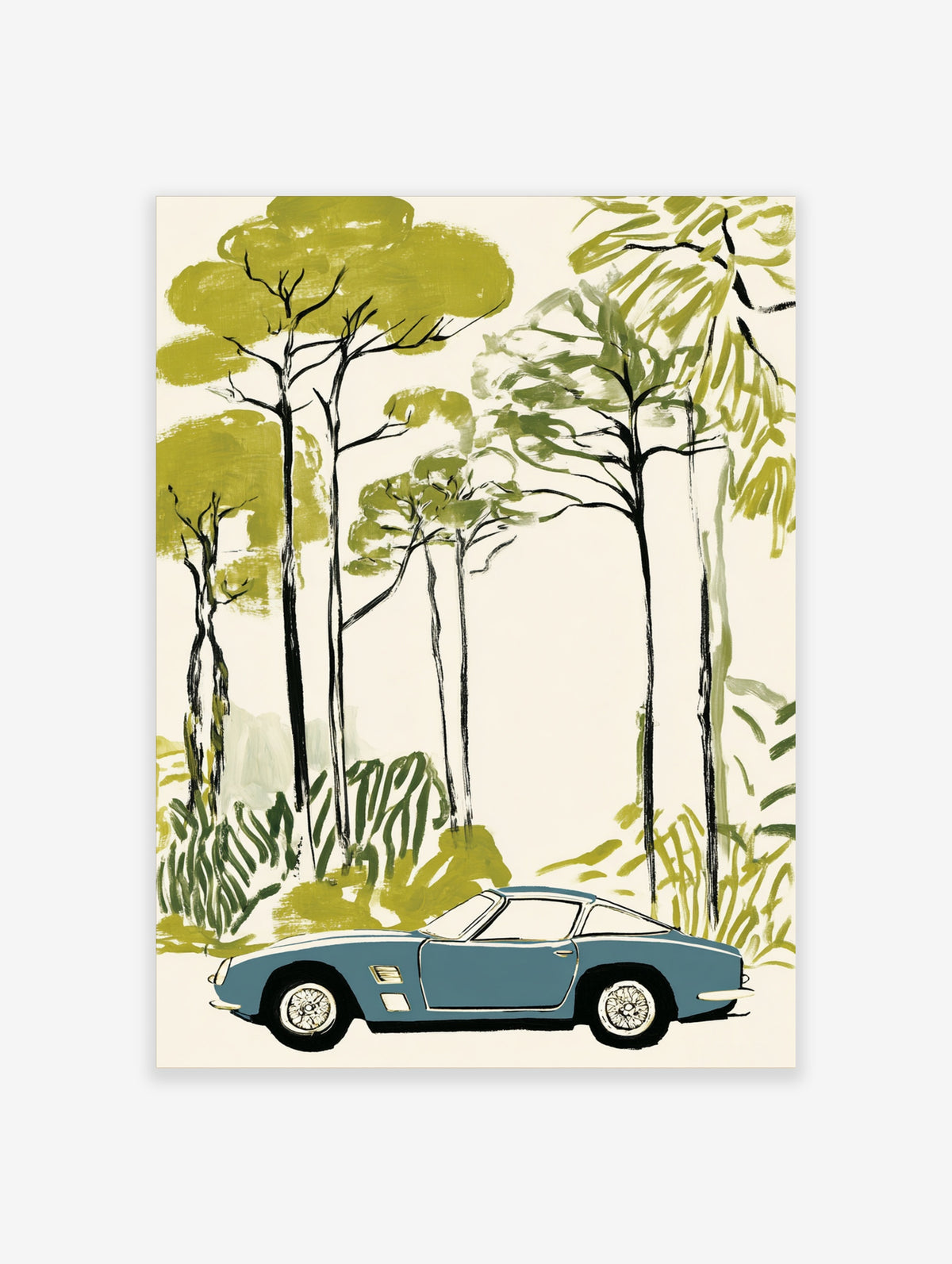 Retro sports car wall art print with blue vintage coupe and stylised green trees on cream background