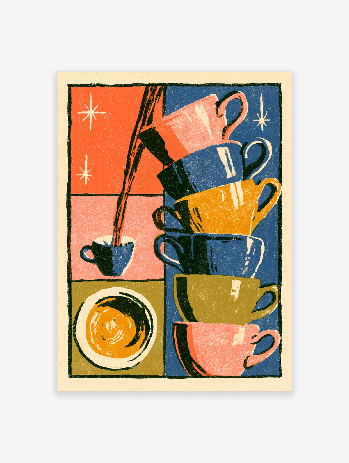 Retro stacked coffee cups poster with colourful cups and pouring liquid on a colour block background