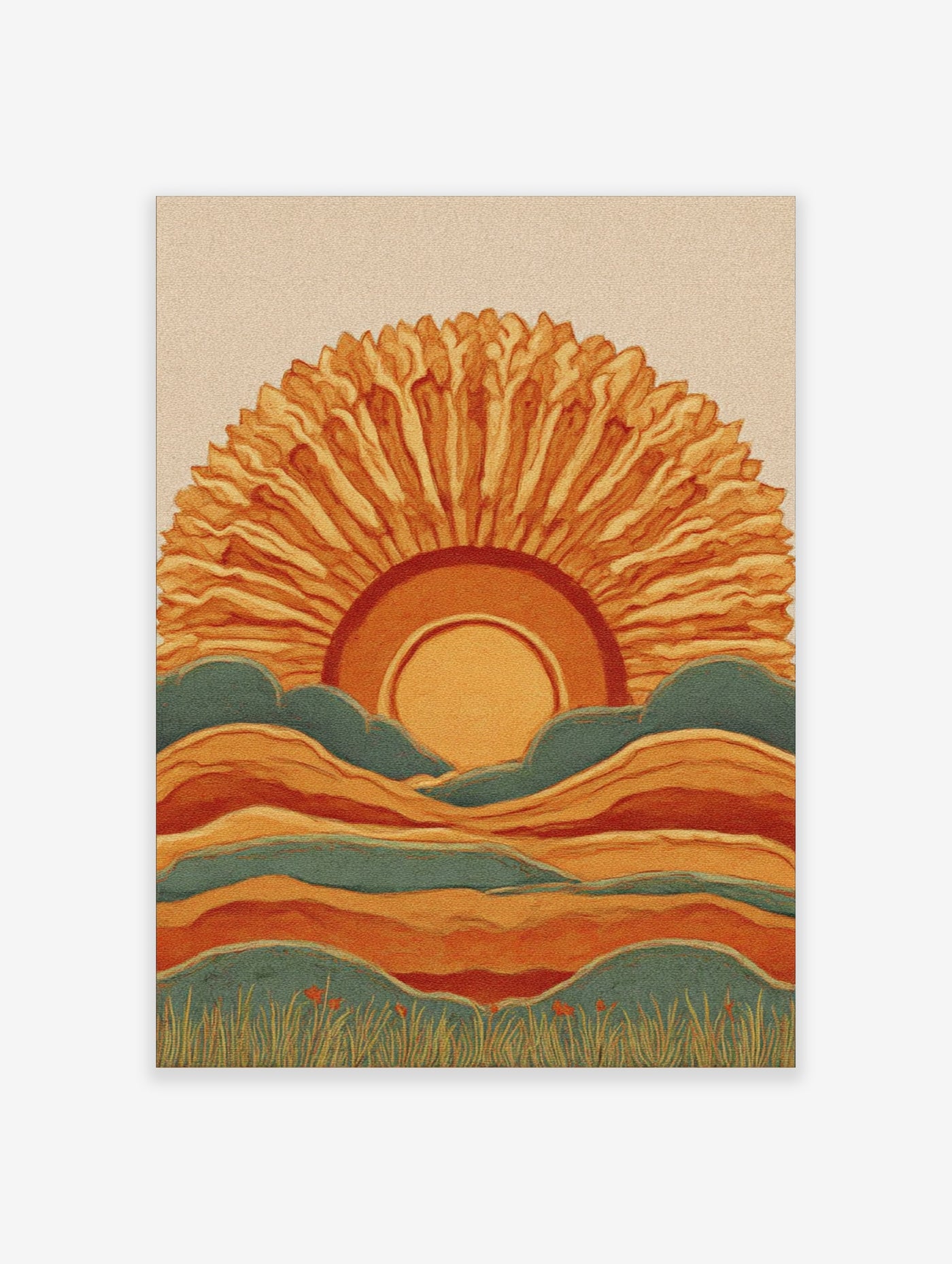 Retro sun wall art with orange rays, layered hills in orange and teal, and grass at bottom