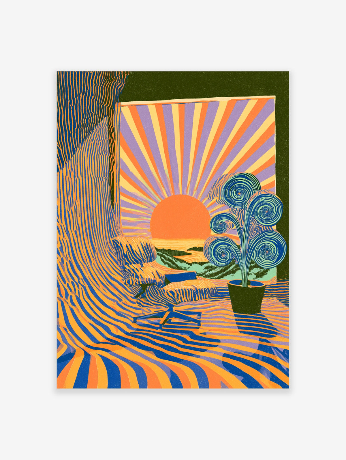 Retro sunrise poster with orange sunburst, wavy blue and orange stripes, armchair and spiral plant