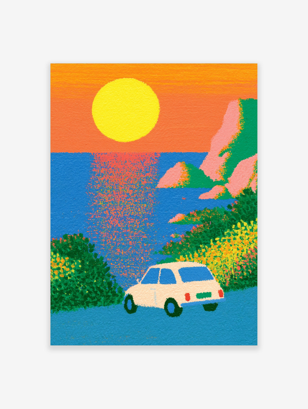 Retro coastal art print of a white car on a blue road below a yellow sun and orange sky