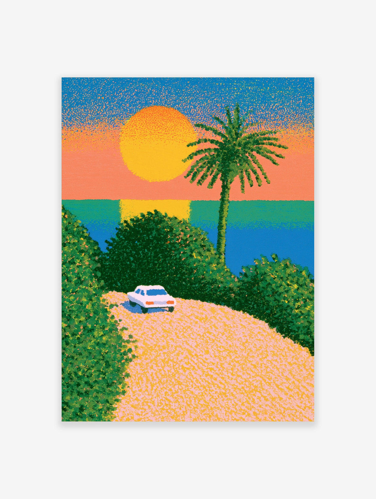 Retro coastal poster of a white car on a pink path with green bushes, a palm tree, and a large yellow sun over a blue sea