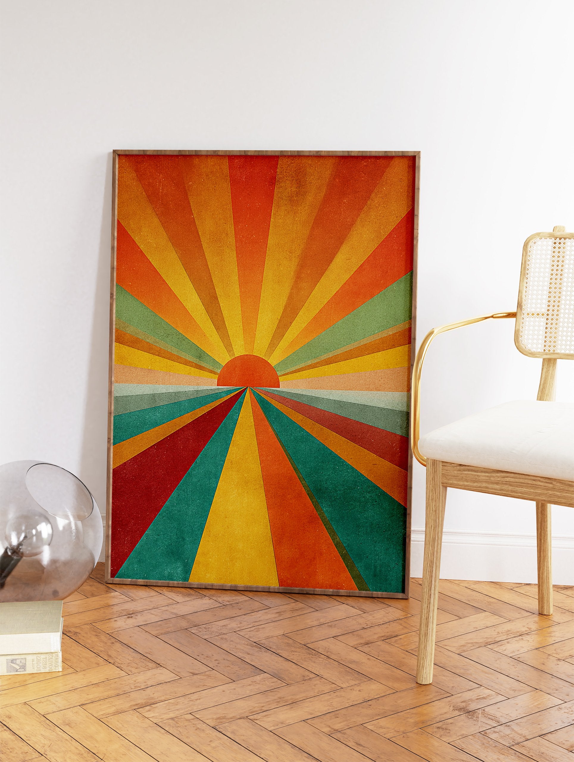Abstract sunburst art print with retro multi-color rays and a central orange sun on a textured background. - Image 2