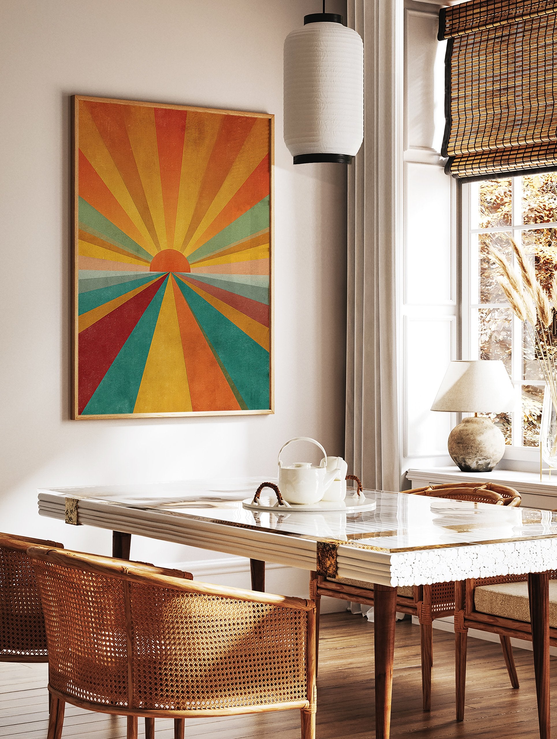 Abstract sunburst art print with retro multi-color rays and a central orange sun on a textured background. - Image 3