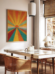 Abstract sunburst art print with retro multi-color rays and a central orange sun on a textured background. - Image 3